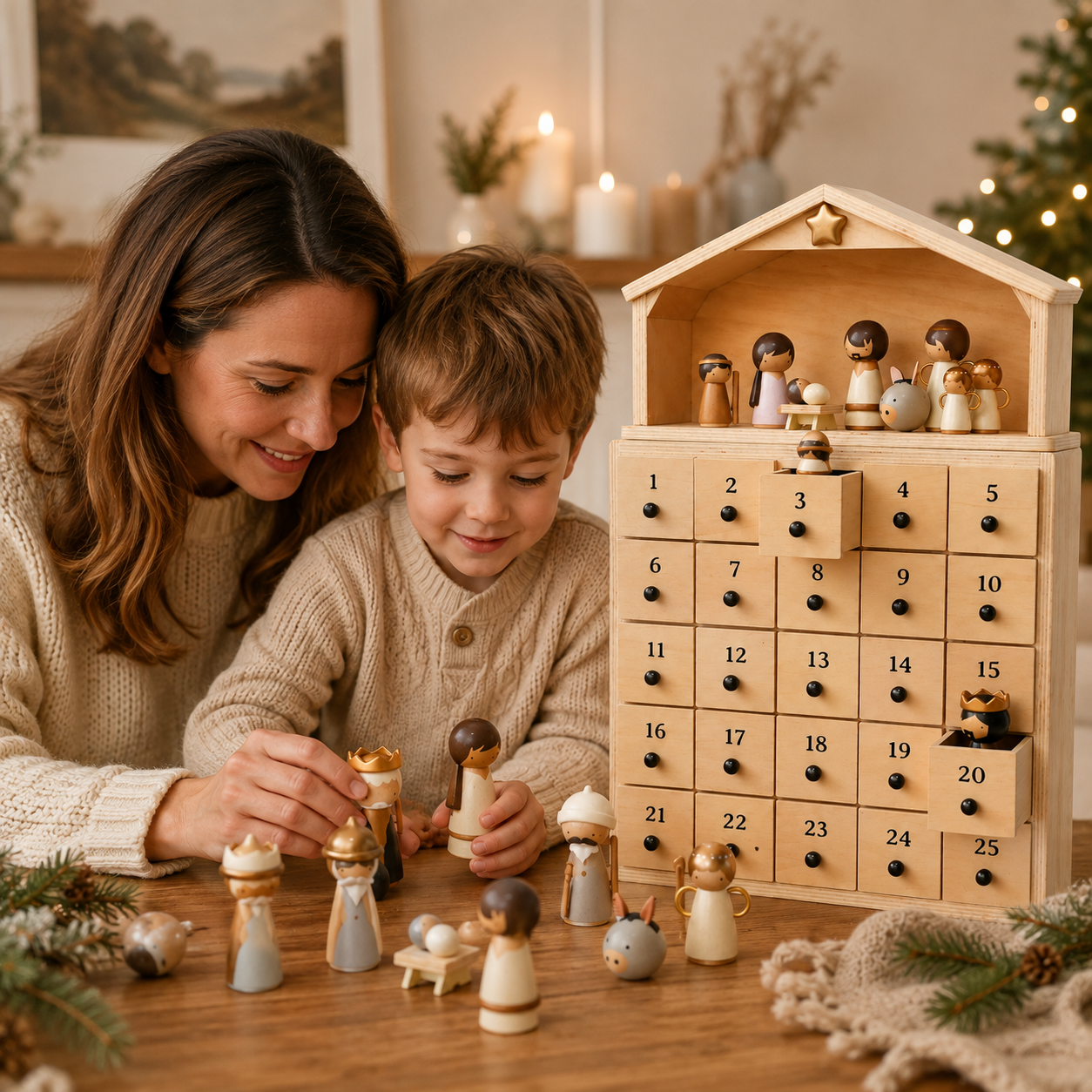 🔥100% Hand-Carved from Solid Wood – 24-Day Christmas Countdown with Nativity Figures
