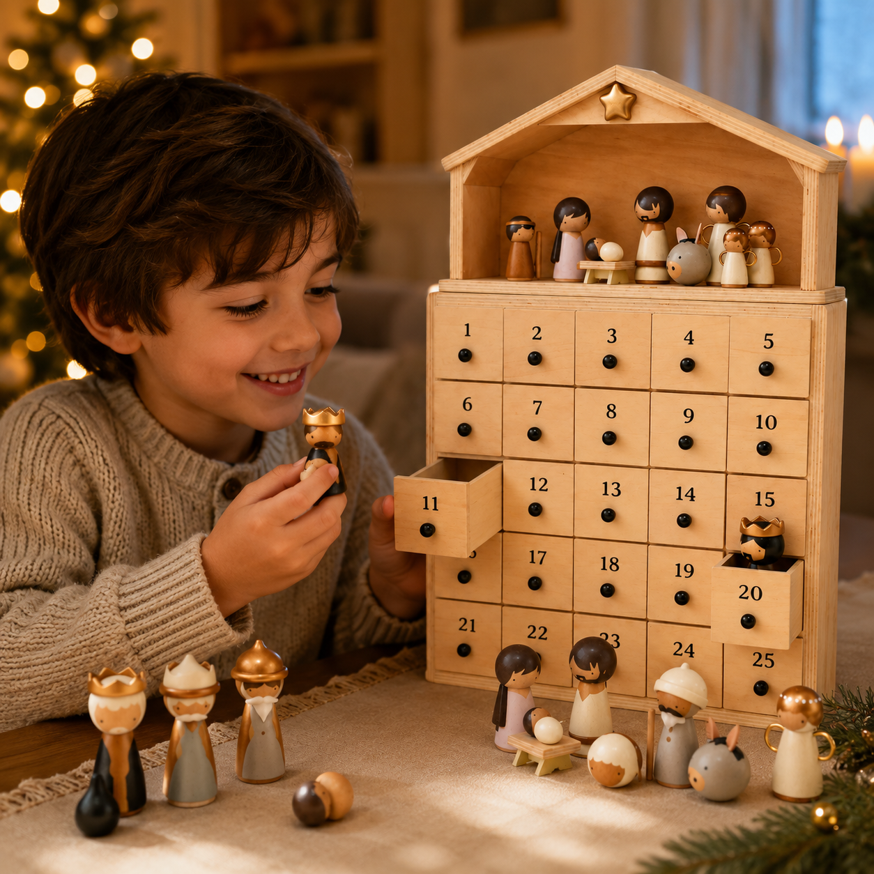 🔥100% Hand-Carved from Solid Wood – 24-Day Christmas Countdown with Nativity Figures