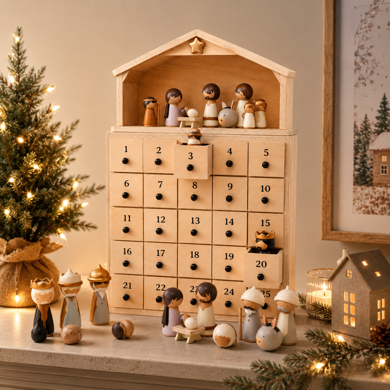 🔥100% Hand-Carved from Solid Wood – 24-Day Christmas Countdown with Nativity Figures