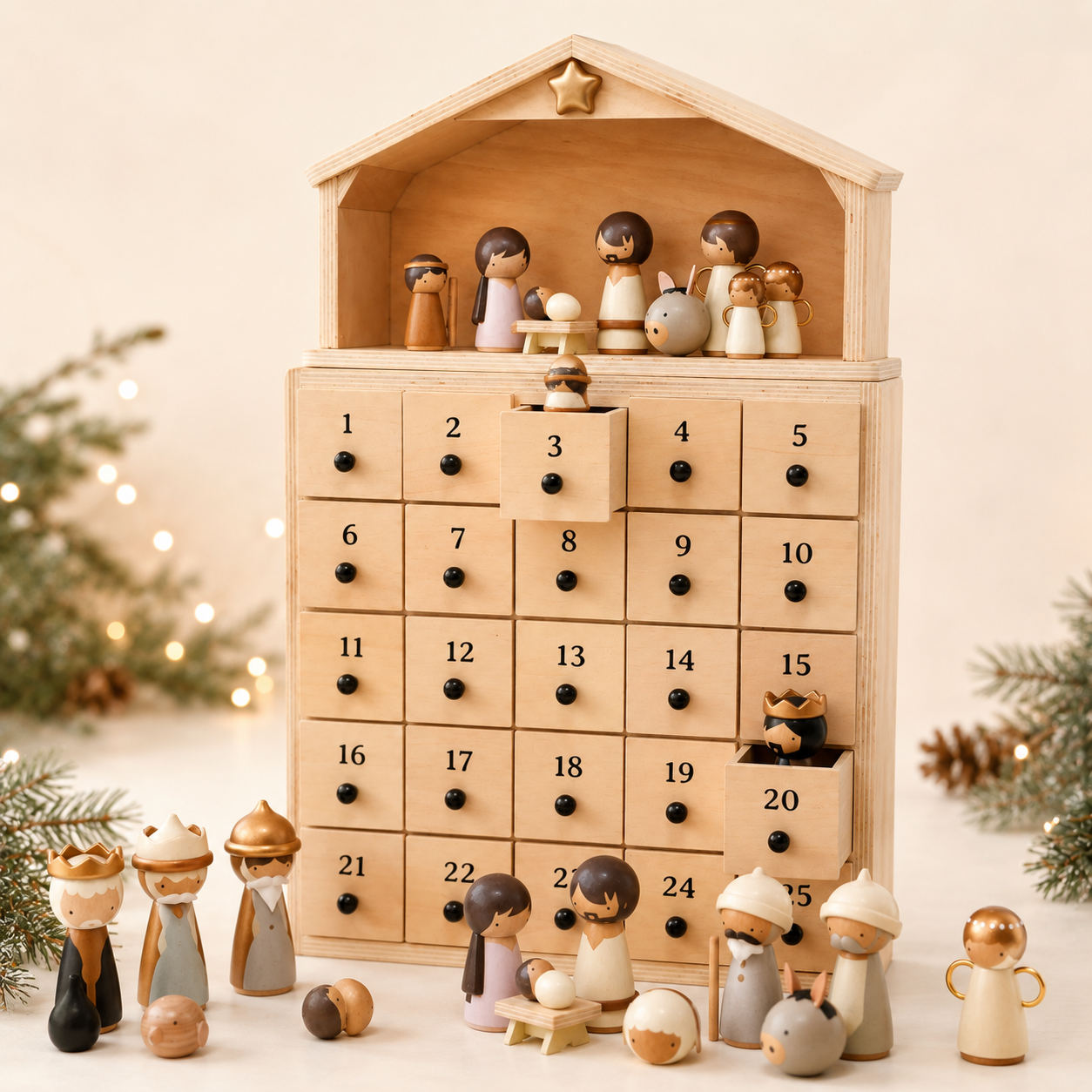🔥100% Hand-Carved from Solid Wood – 24-Day Christmas Countdown with Nativity Figures