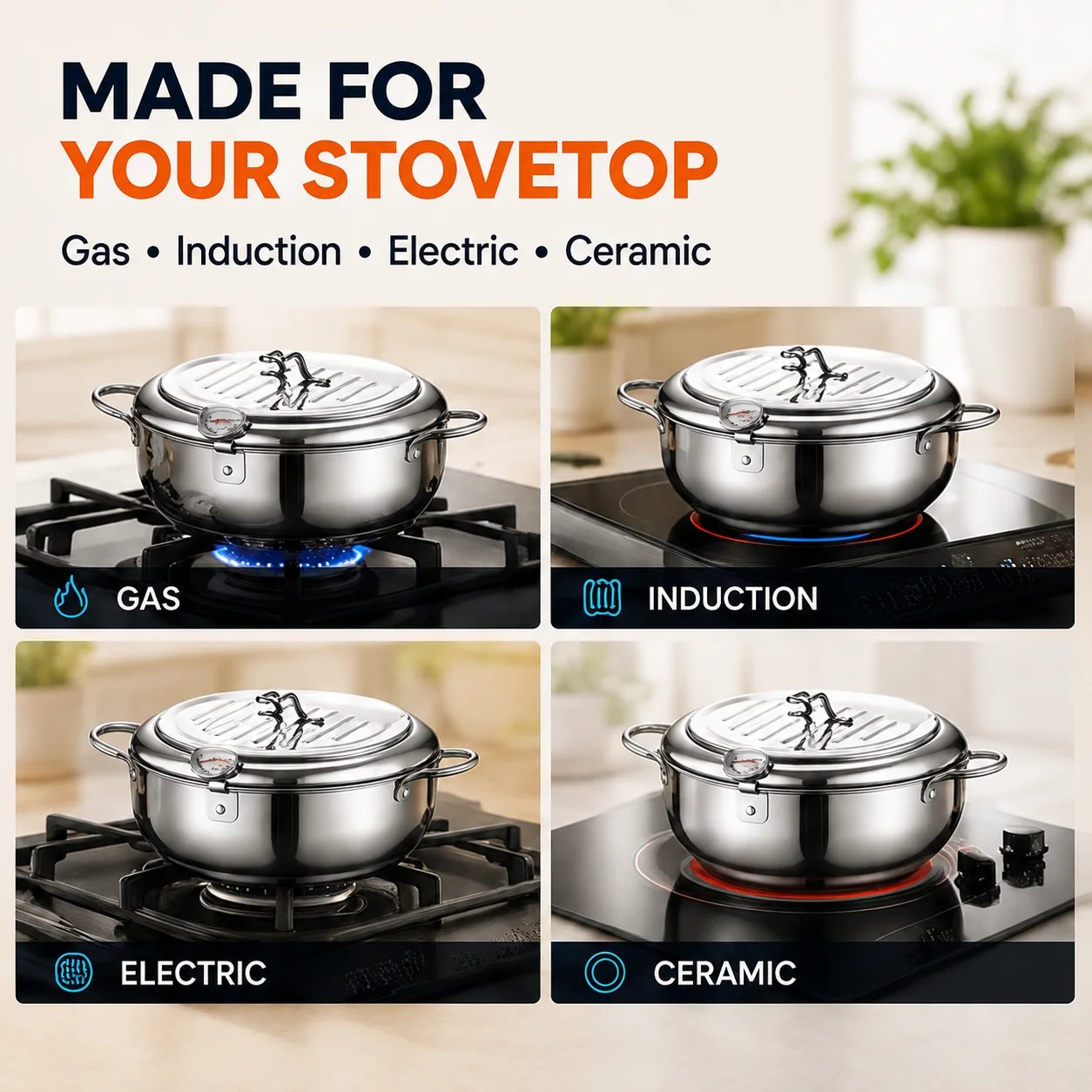 🍗 Free Shopping 304 Stainless Steel Stovetop Deep Fryer Pot – With Thermometer 🍟
