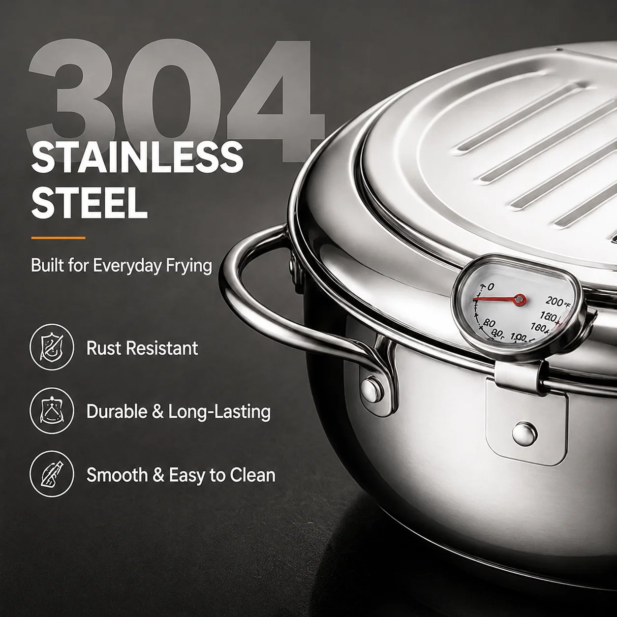 🍗 Free Shopping 304 Stainless Steel Stovetop Deep Fryer Pot – With Thermometer 🍟