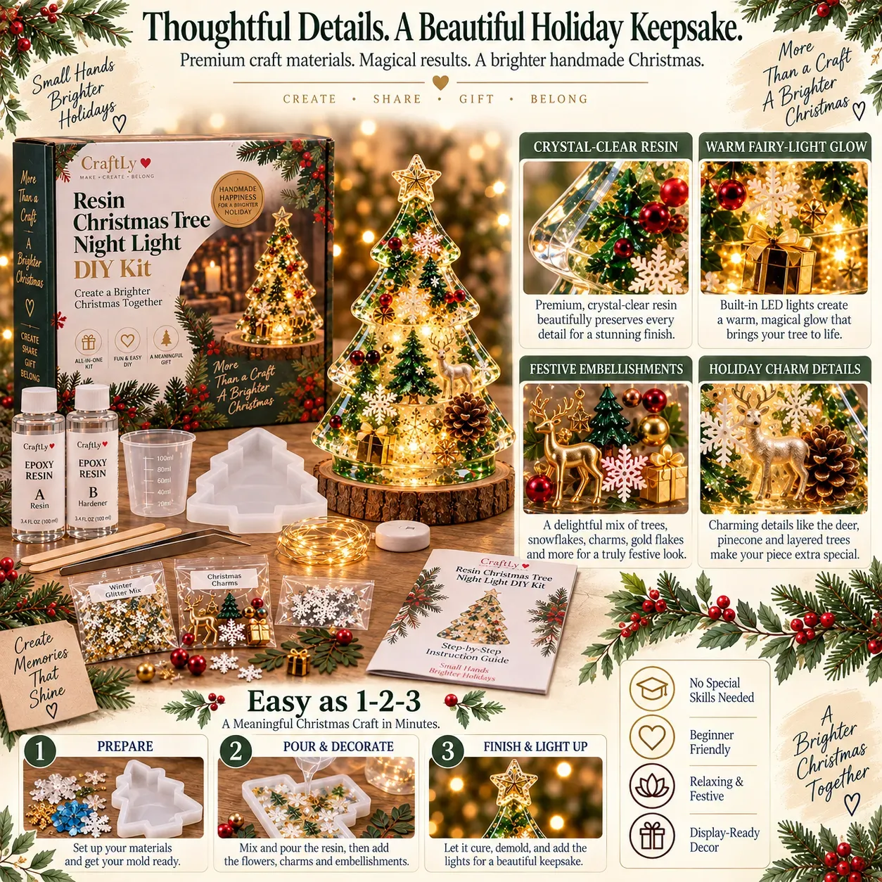 Clear resin tree details with festive charms