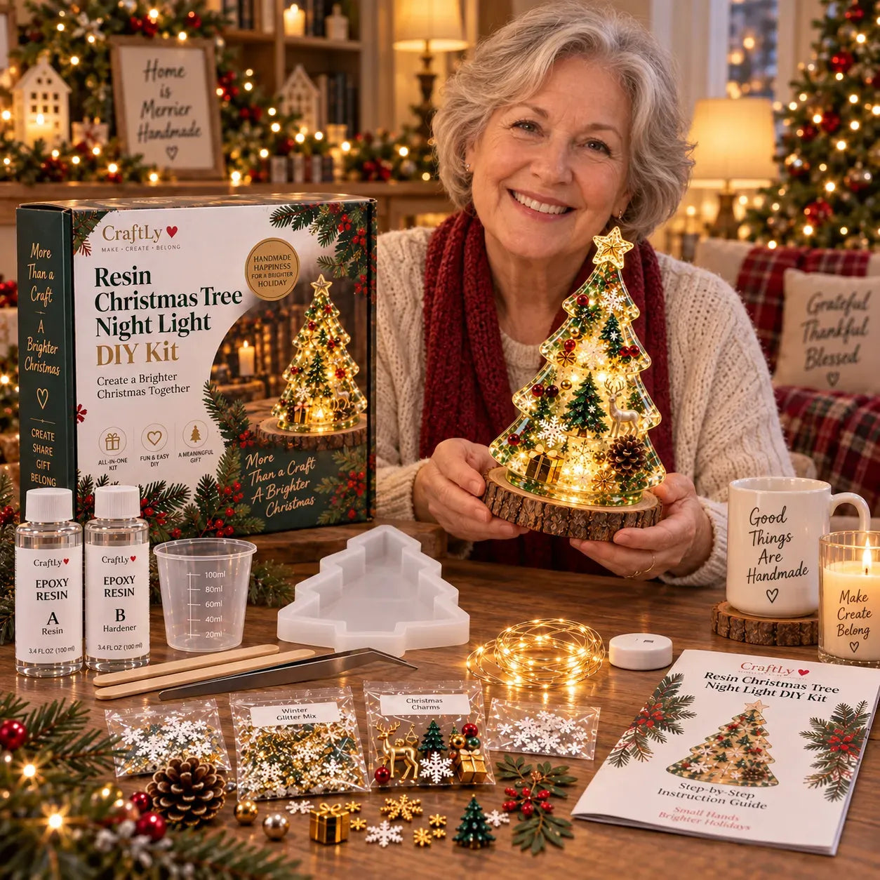 🎄 ✨ Last Day 70% OFF –Beginner-Friendly Resin Christmas Tree Night Light DIY Kit | Complete Kit with Mold, Resin, Fairy Lights & Festive Decorations ✨