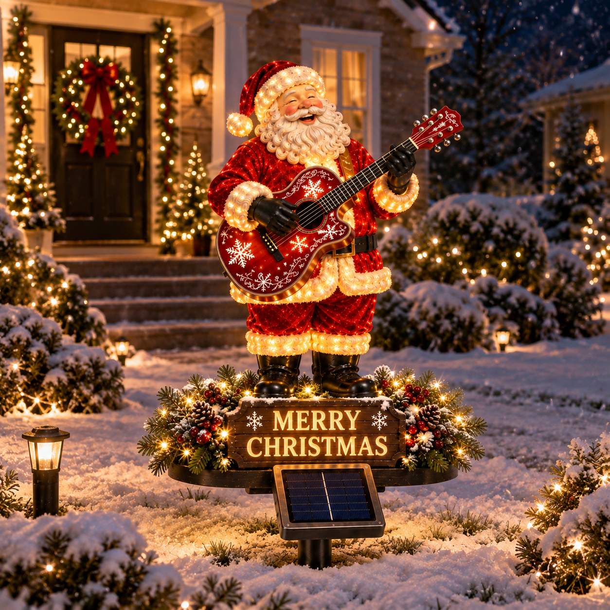 Guitar Santa glowing in snowy yard