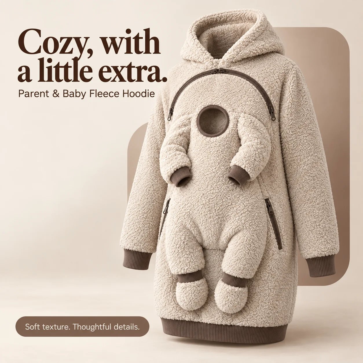 Beige parent and baby fleece hoodie with curved chest zipper and zip pockets