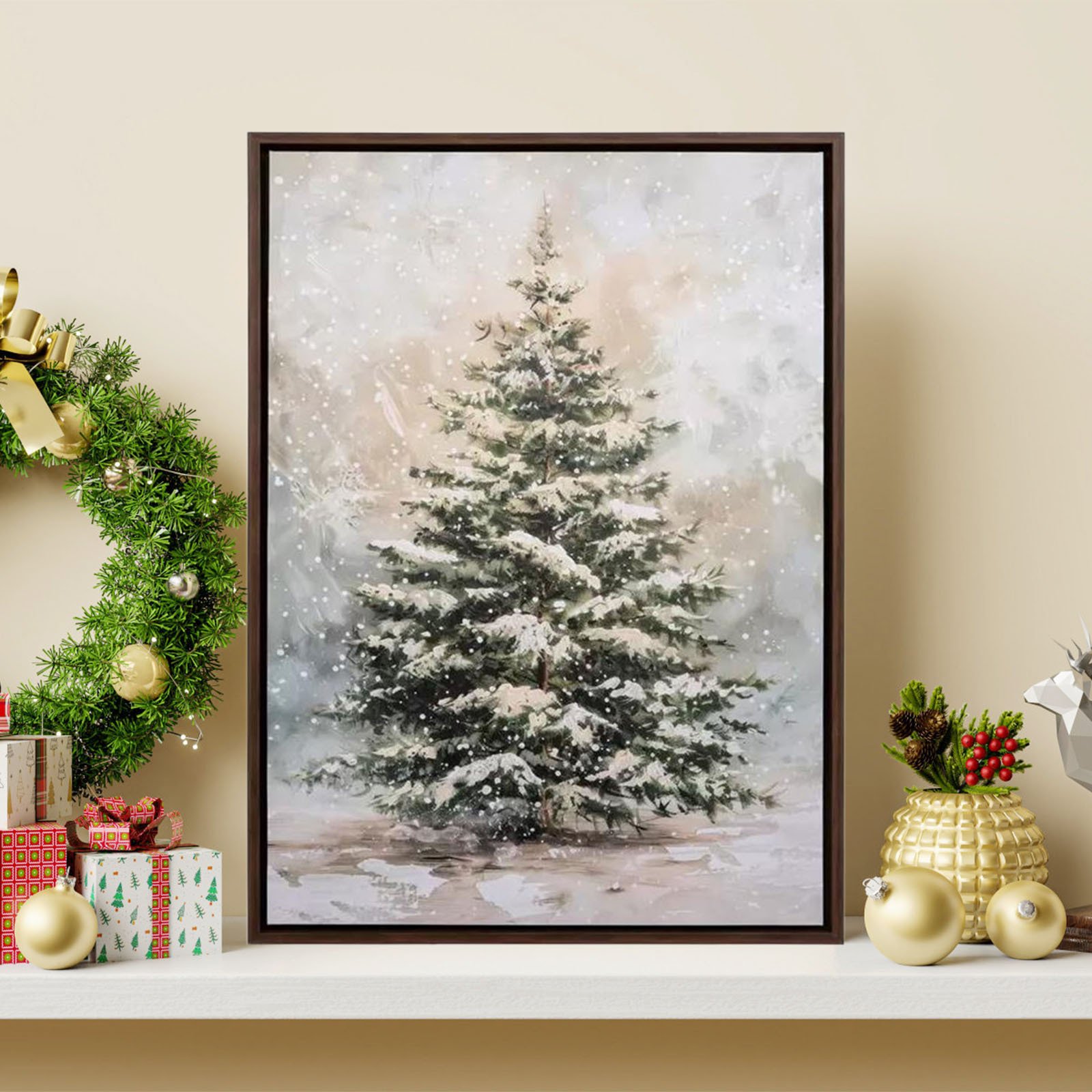🎄✨Lighted Christmas Tree Wall Art – LED Snowy Tree Canvas Print with Wood Frame, Holiday Wall Decor,15.7in × 11.8in