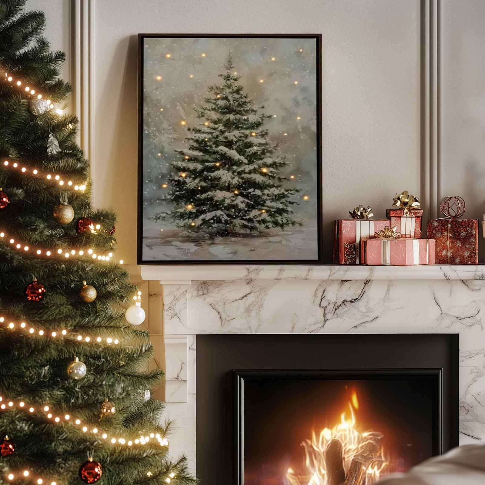 🎄✨Lighted Christmas Tree Wall Art – LED Snowy Tree Canvas Print with Wood Frame, Holiday Wall Decor,15.7in × 11.8in