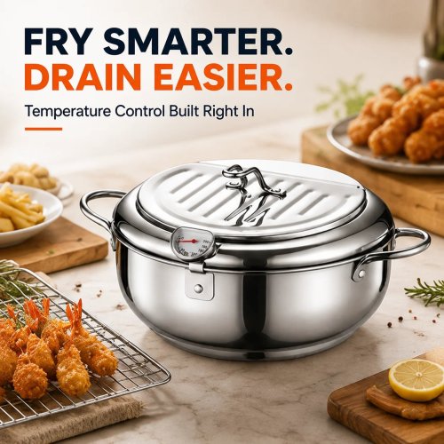 🍗 Free Shopping 304 Stainless Steel Stovetop Deep Fryer Pot – With Thermometer 🍟