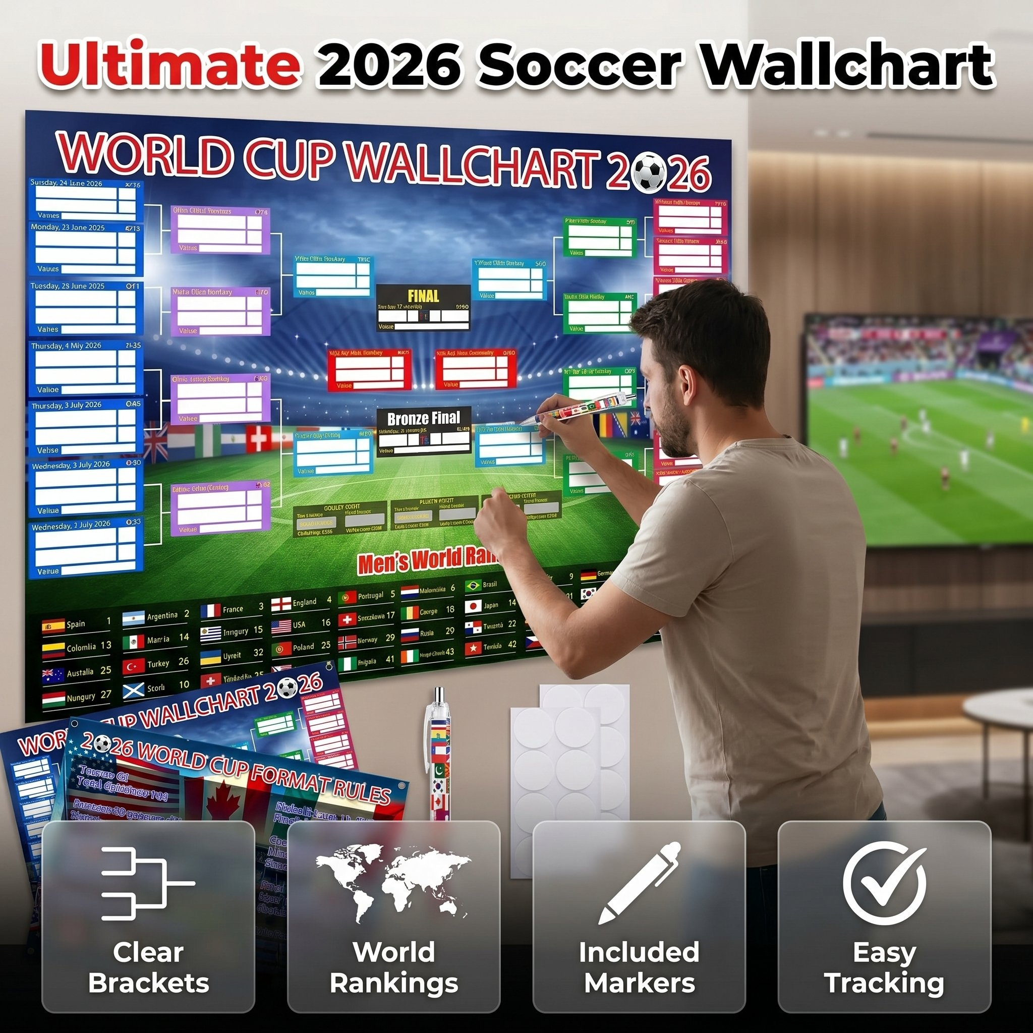 🗓️⚽ World Cup Wall Chart 2026 Poster Set – Don't Miss a Match! - Marker Pen & Mounting Strips Included 🎁