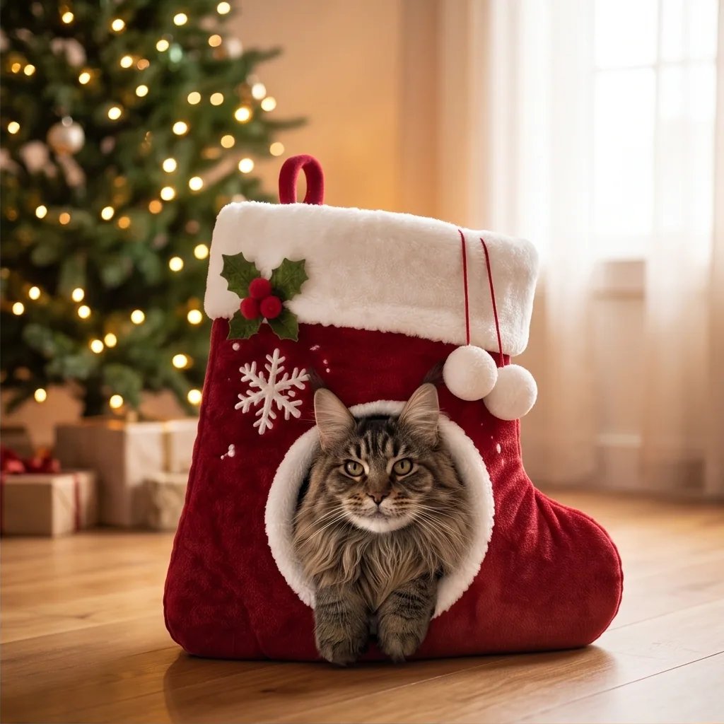 Christmas stocking cat bed beside the Christmas tree