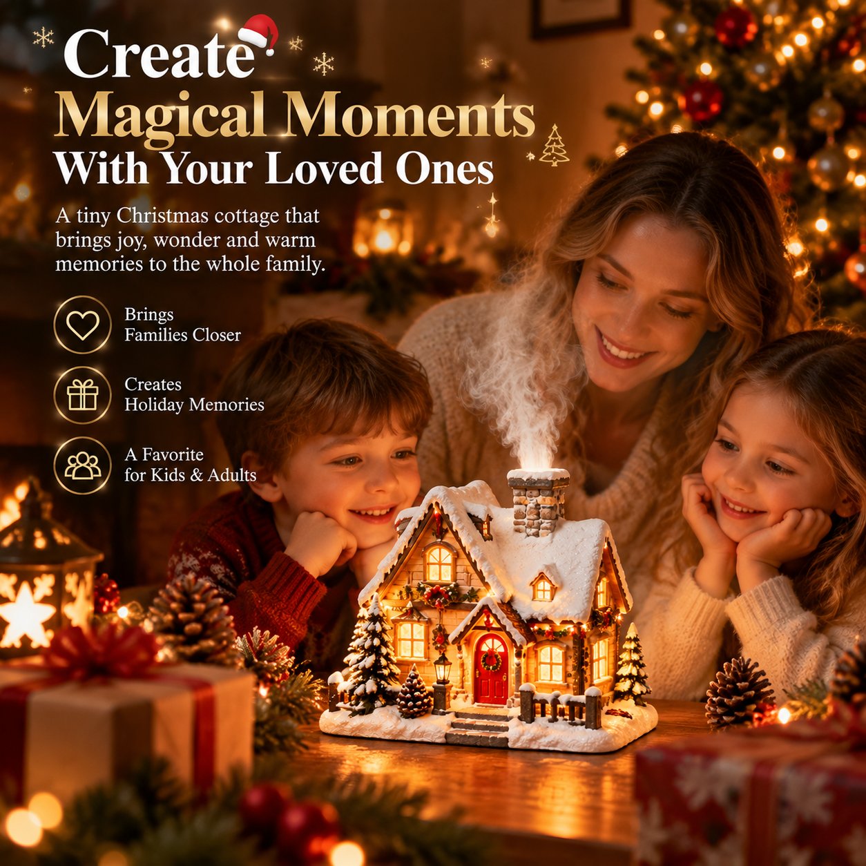 Family enjoying the glowing Christmas cottage together