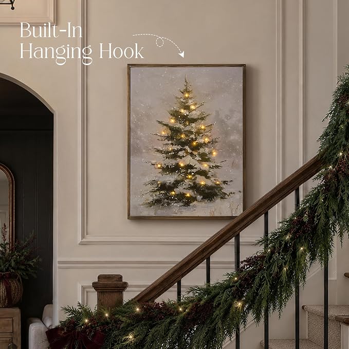 🎄✨Lighted Christmas Tree Wall Art – LED Snowy Tree Canvas Print with Wood Frame, Holiday Wall Decor,15.7in × 11.8in