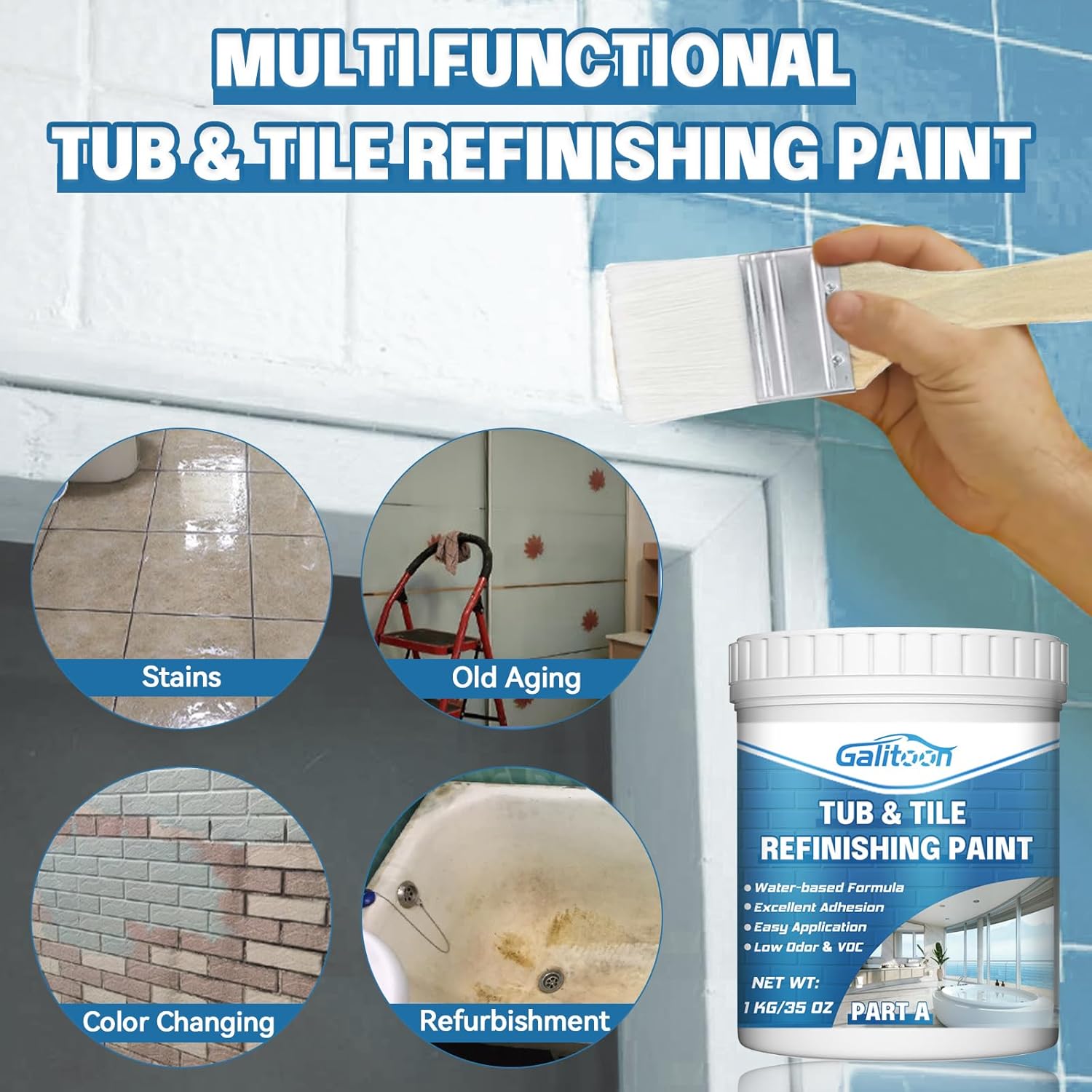 Tub and Tile Refinishing Kit, Odorless DIY Countertop Paints for Wall, Fiberglass/Bathroom/Floor/Cabinet/Kitchen/Porcelain, White Tile Paint with Tools (35oz) (White)