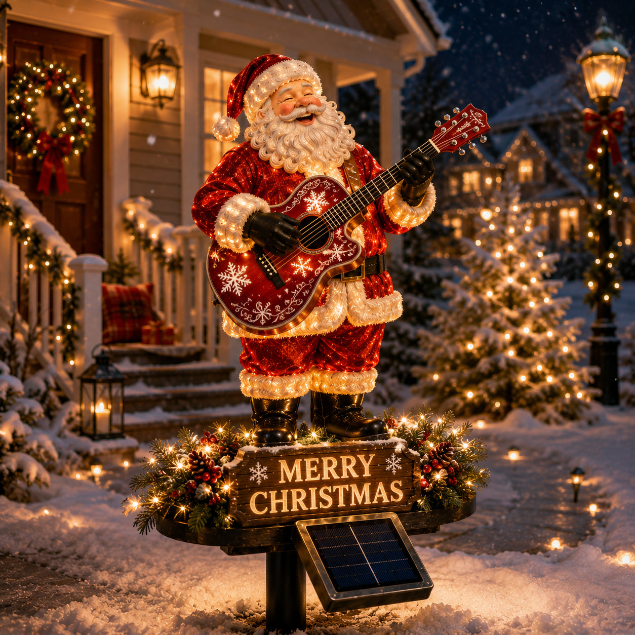 Solar powered guitar Santa Christmas yard decoration