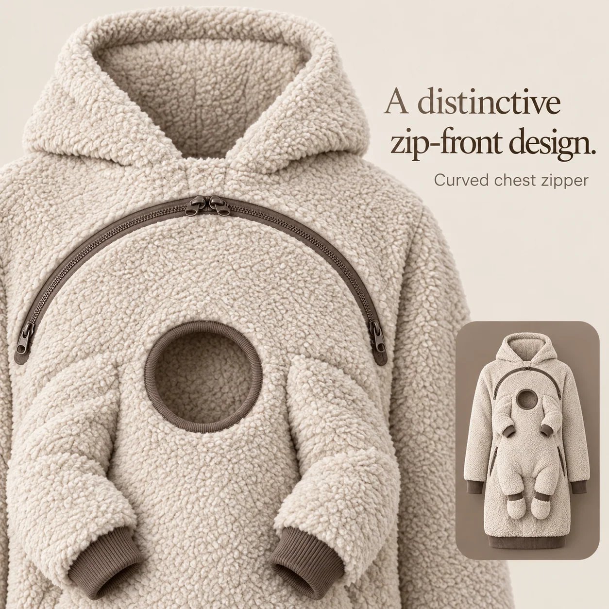 Curved chest zipper and integrated baby section detail