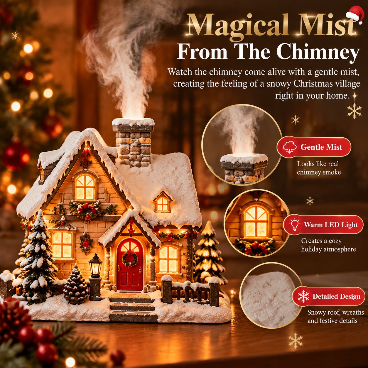 Close-up of the cottage chimney mist and warm illuminated windows