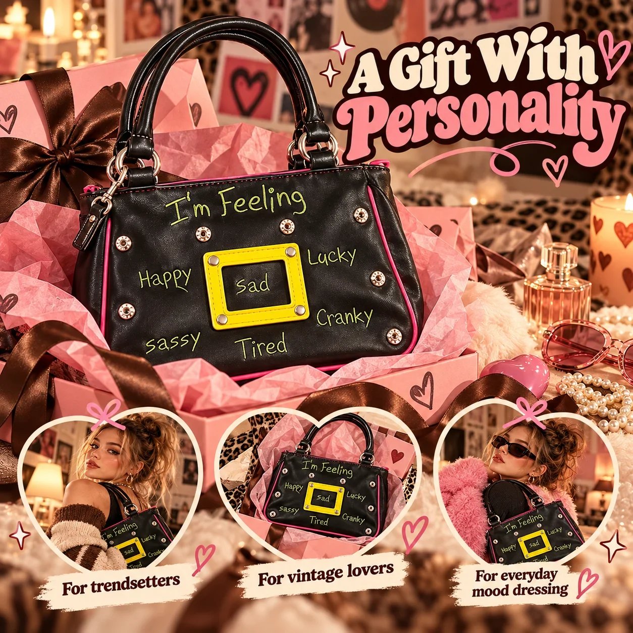 Retro mood shoulder bag in a playful Y2K lifestyle setting