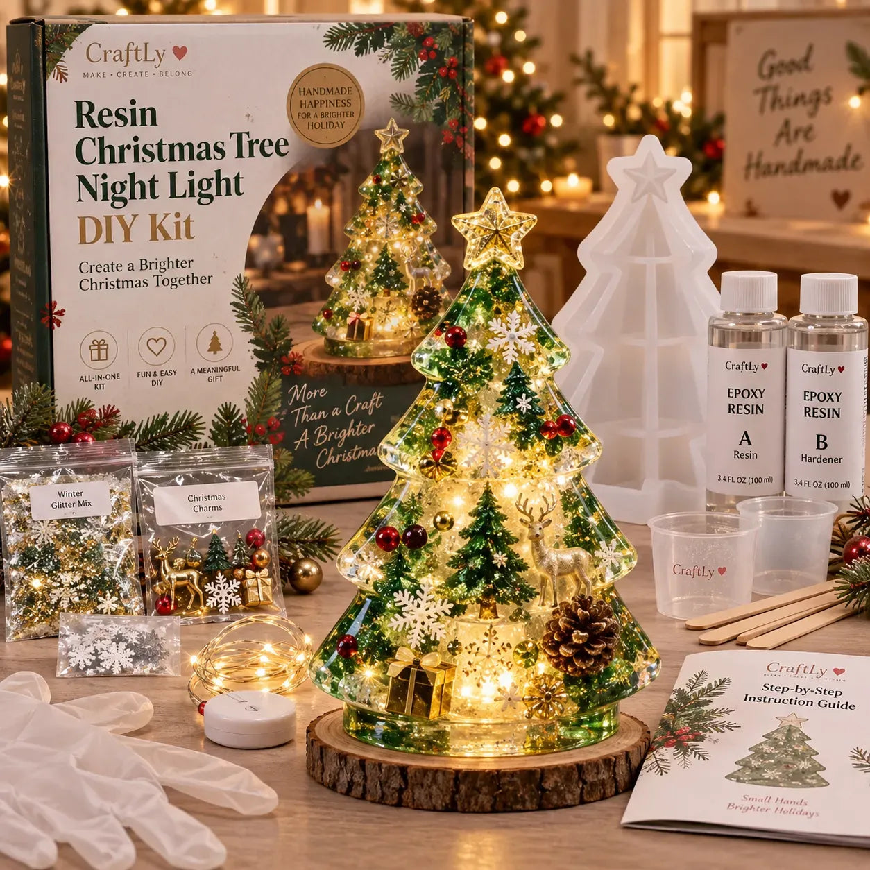 🎄 ✨ Last Day 70% OFF –Beginner-Friendly Resin Christmas Tree Night Light DIY Kit | Complete Kit with Mold, Resin, Fairy Lights & Festive Decorations ✨