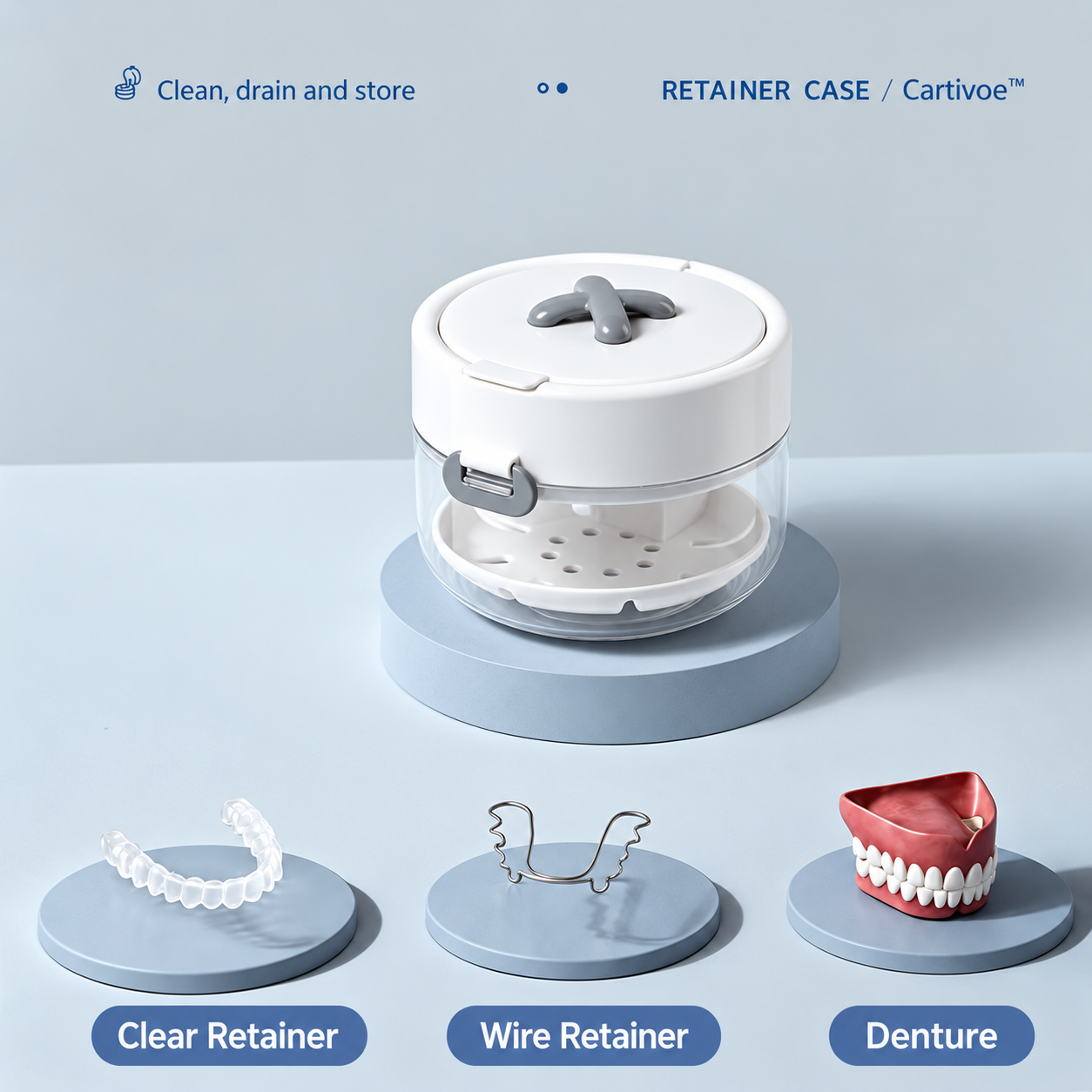 4-in-1 Retainer Cleaning & Travel Case – Soaking Container with Drain Tray, Mirror & Brush for Aligners, Dentures & Mouthguards 🦷