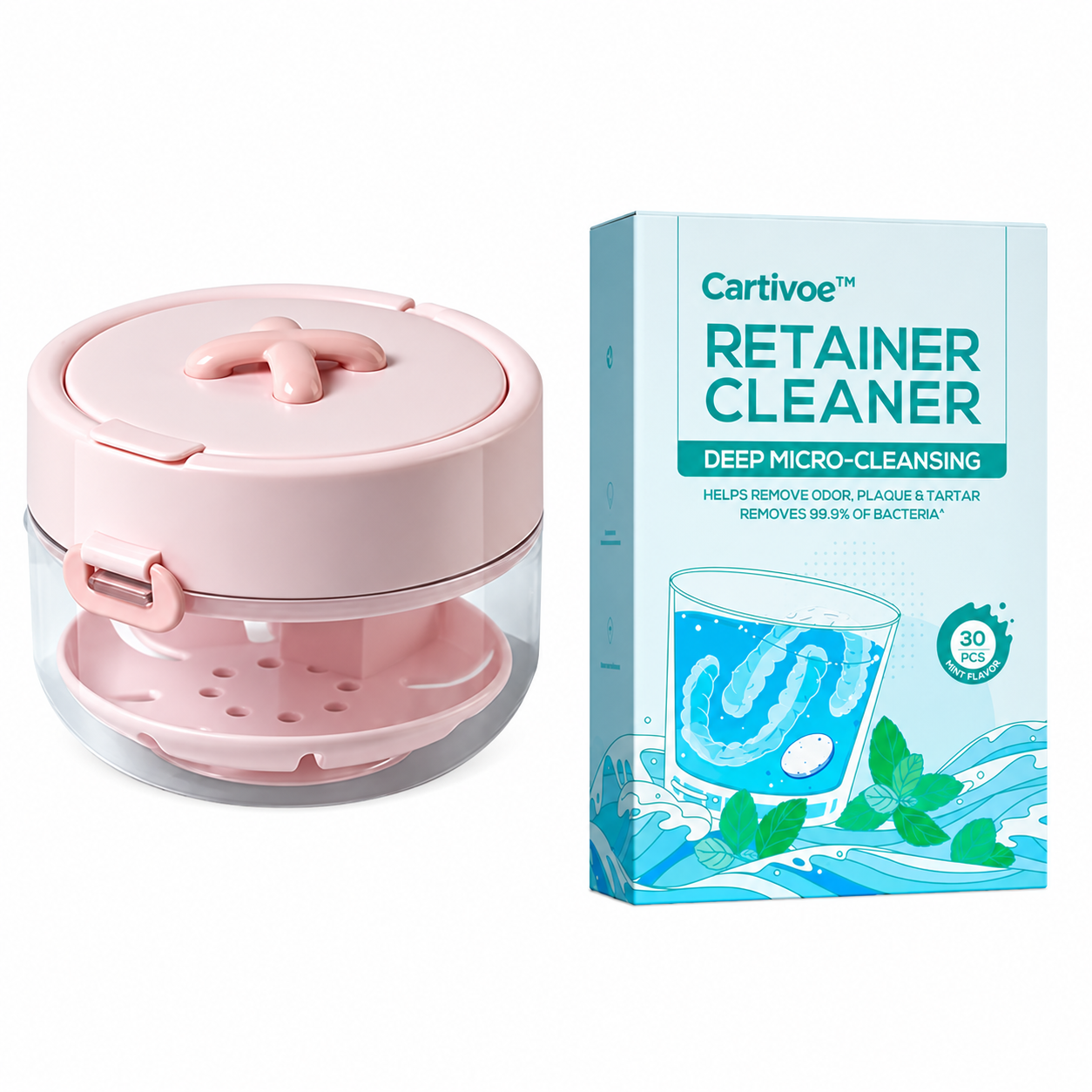 4-in-1 Retainer Cleaning & Travel Case – Soaking Container with Drain Tray, Mirror & Brush for Aligners, Dentures & Mouthguards 🦷