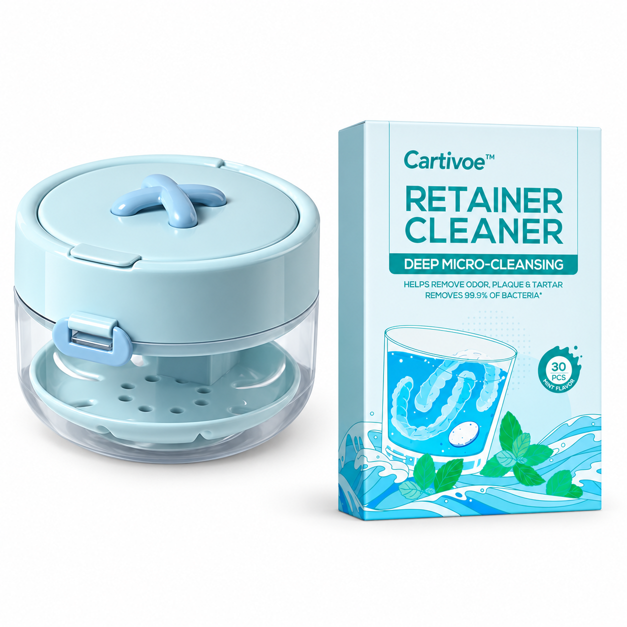 4-in-1 Retainer Cleaning & Travel Case – Soaking Container with Drain Tray, Mirror & Brush for Aligners, Dentures & Mouthguards 🦷