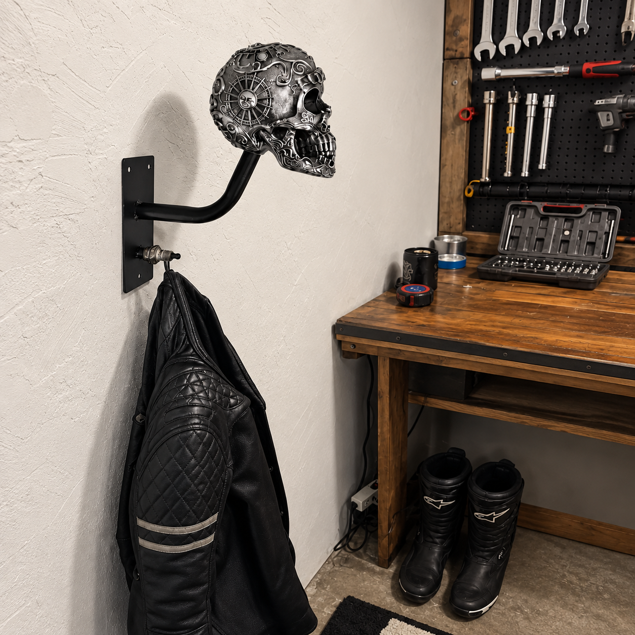 Skull Motorcycle Helmet Holder – Punk Skull Wall Mount Rack for Helmets, Jackets & Garage Decor