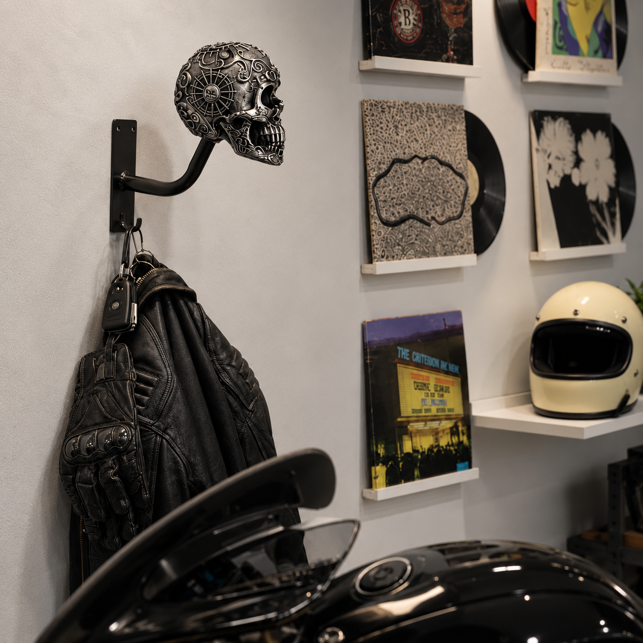 Skull Motorcycle Helmet Holder – Punk Skull Wall Mount Rack for Helmets, Jackets & Garage Decor