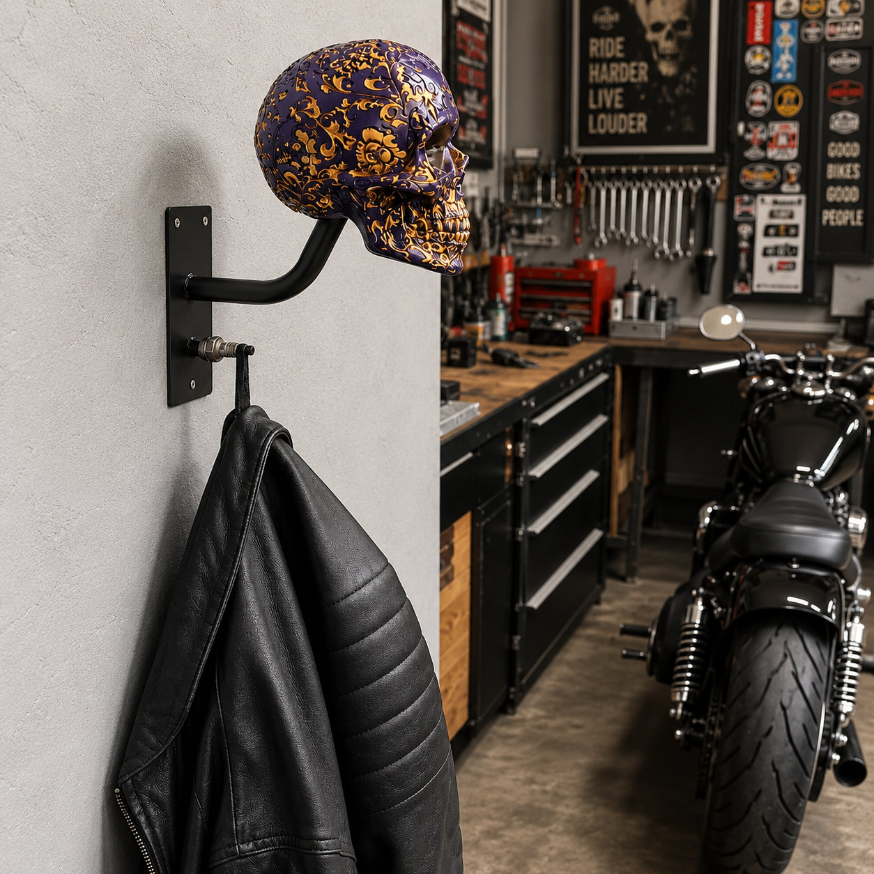 Skull Motorcycle Helmet Holder – Punk Skull Wall Mount Rack for Helmets, Jackets & Garage Decor
