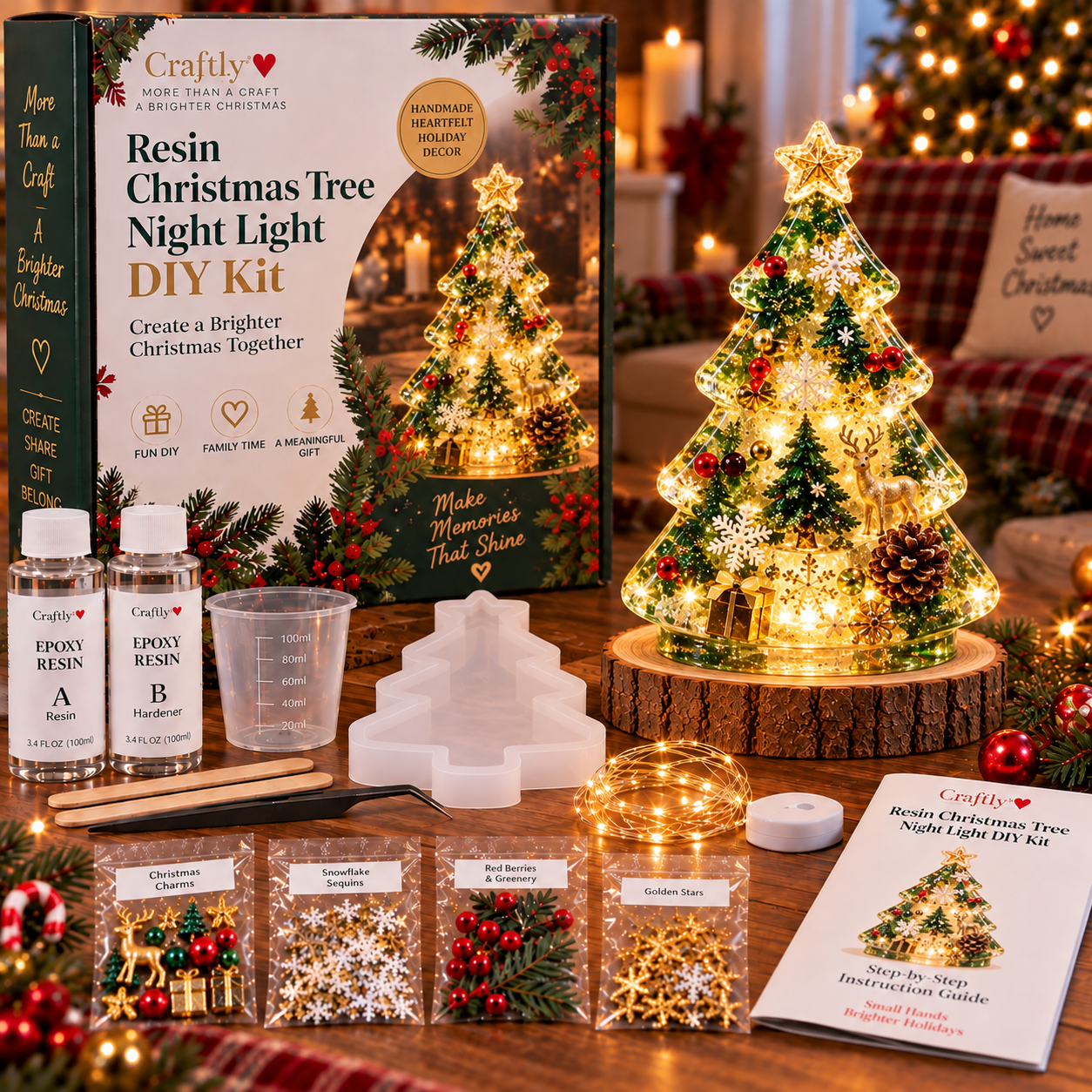 🎄 ✨ Last Day 70% OFF –Beginner-Friendly Resin Christmas Tree Night Light DIY Kit | Complete Kit with Mold, Resin, Fairy Lights & Festive Decorations ✨