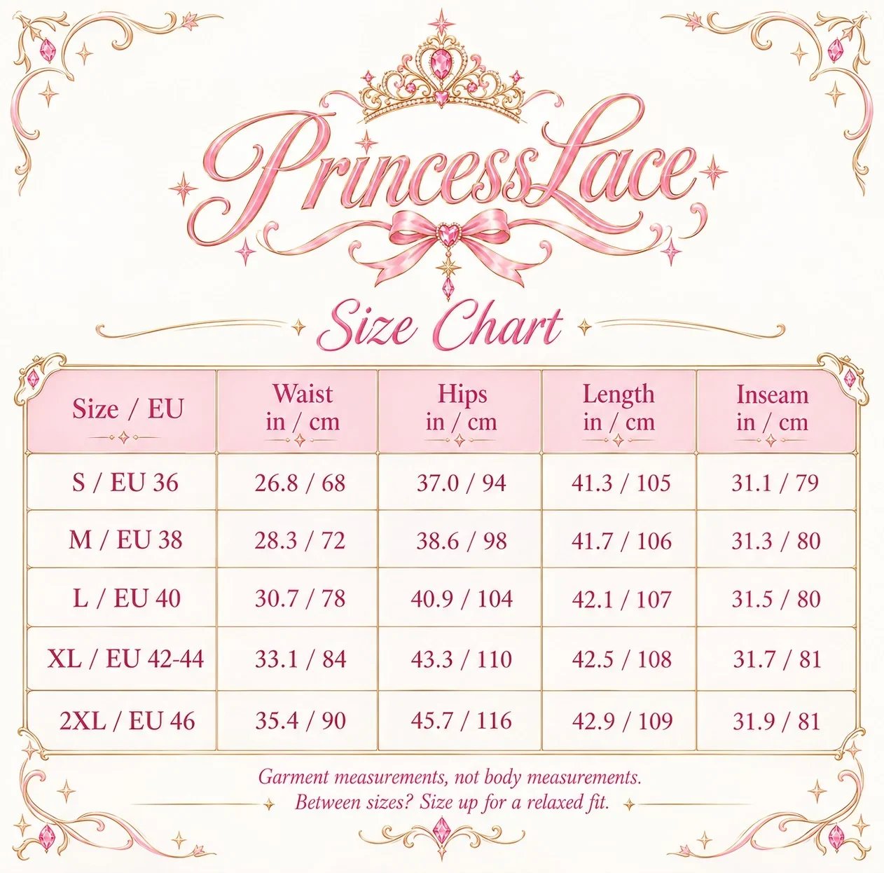 Size chart for the princess lace jeans