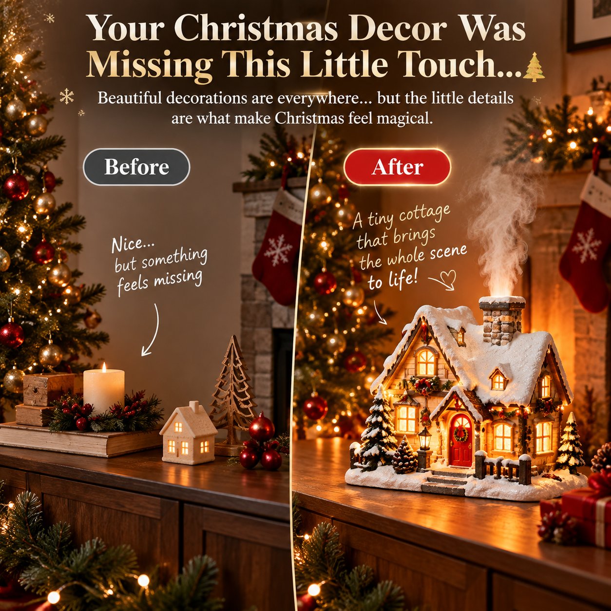 Before and after Christmas decor with glowing cottage and mist
