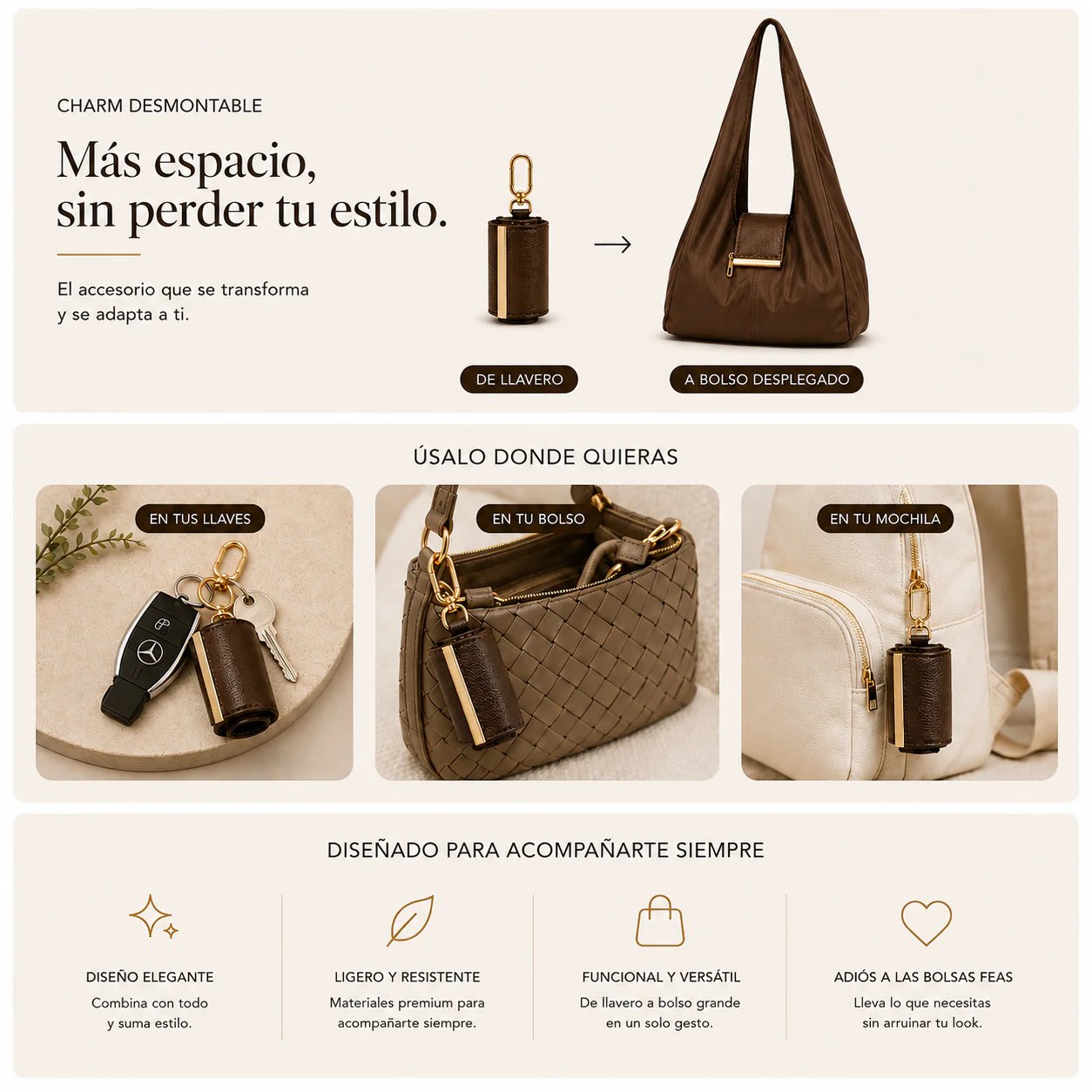 🔥Varelli Charm Transformable Bag – Stylish Vegan Leather Tote & Keychain Charm