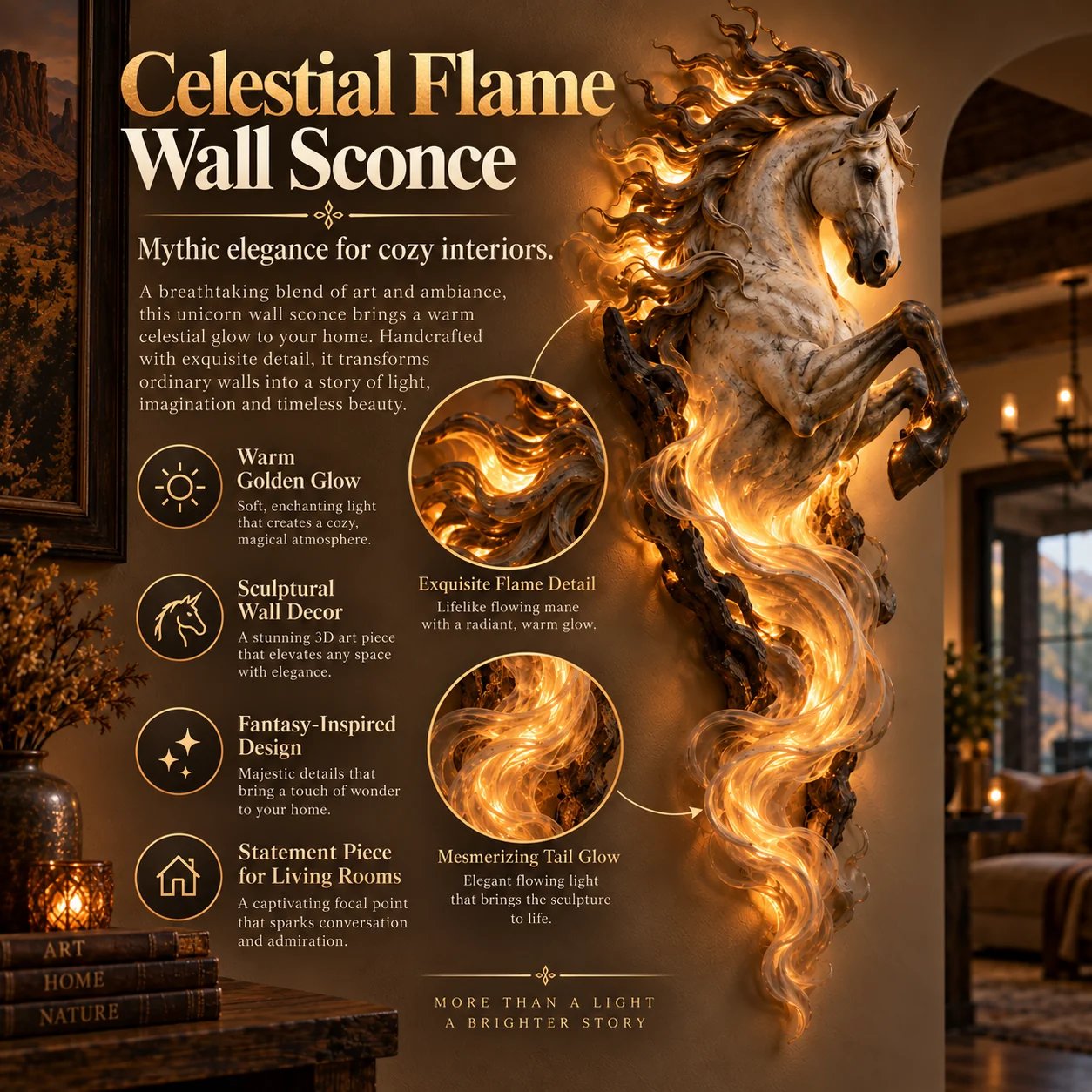 Celestial Flame Unicorn wall sconce details