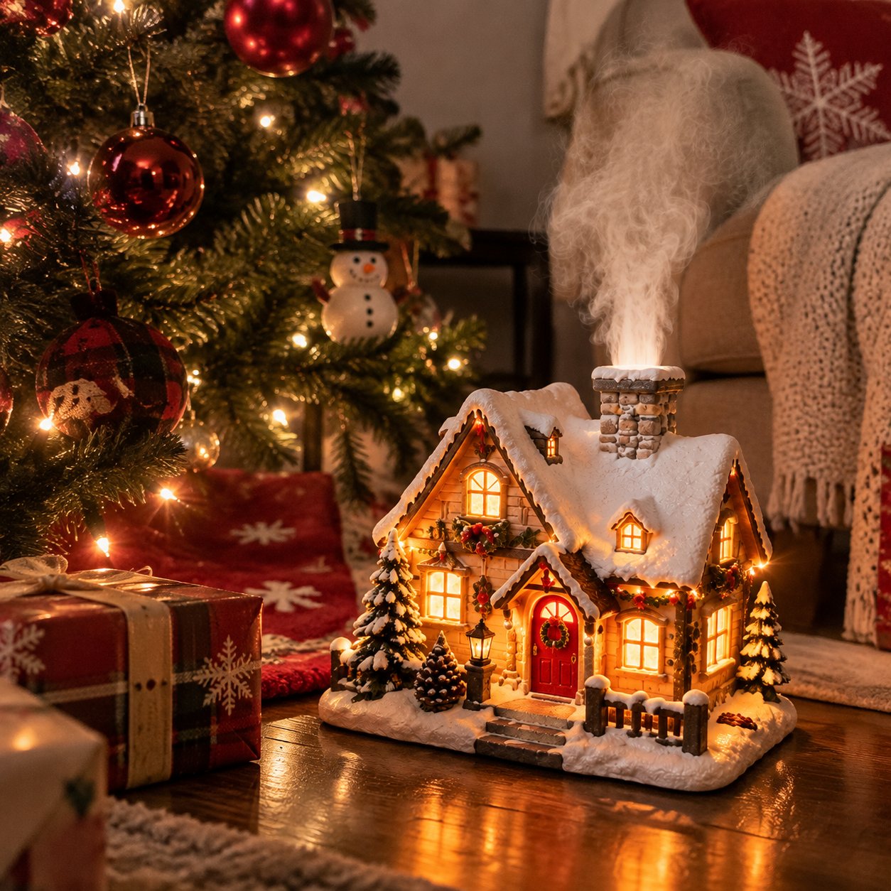 Christmas cottage humidifier glowing beside a decorated Christmas tree