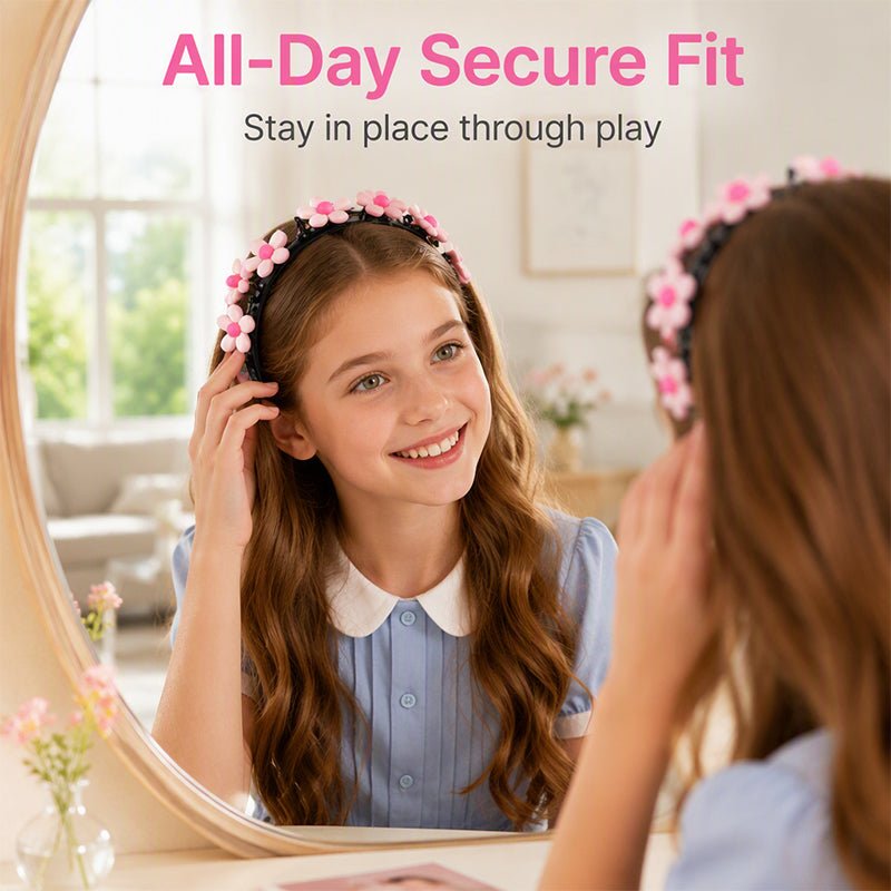 Girl wearing floral cartoon headband