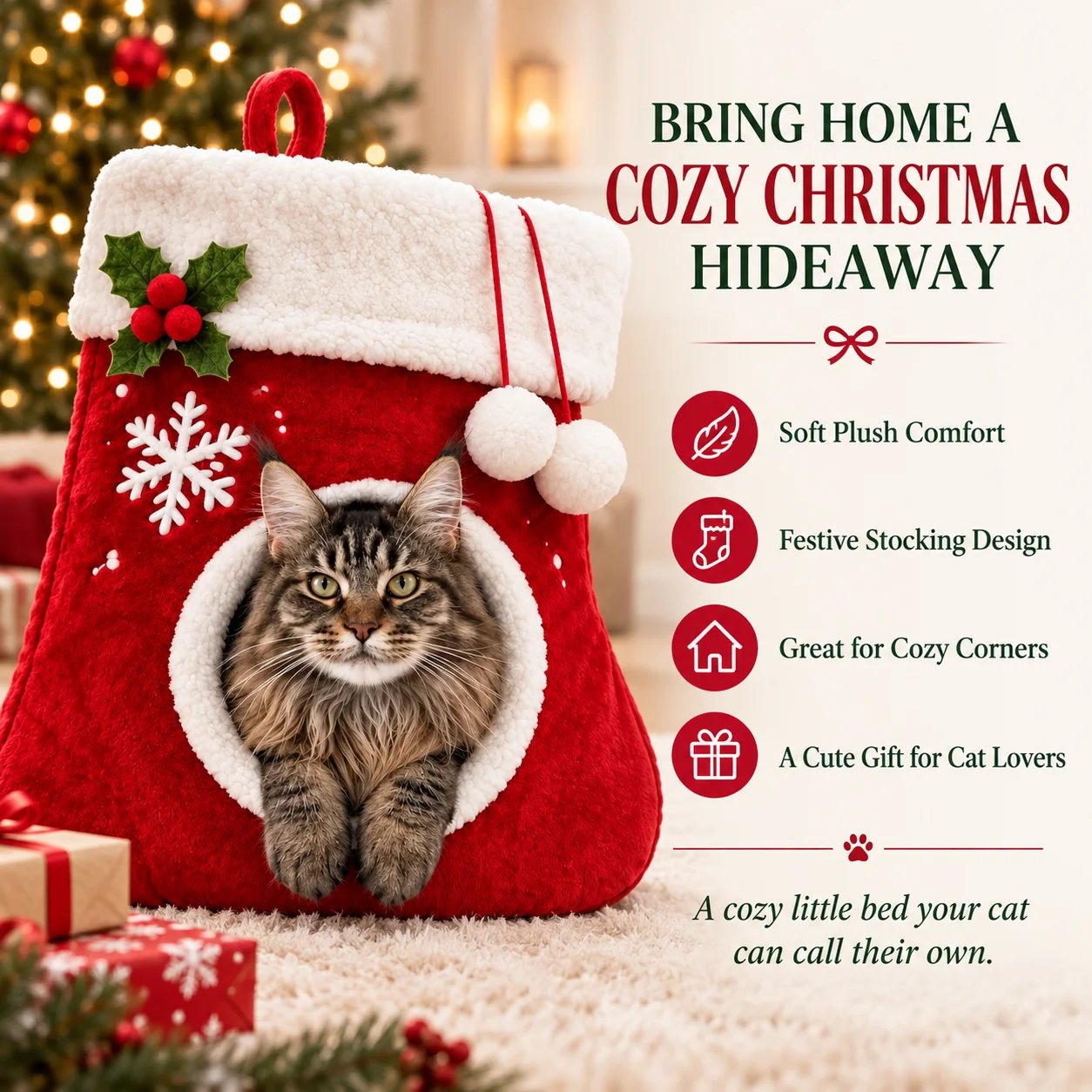 🎄 Christmas Stocking Cat Bed – Ultra-Soft Sherpa Cozy Hideaway for Cats 🐱