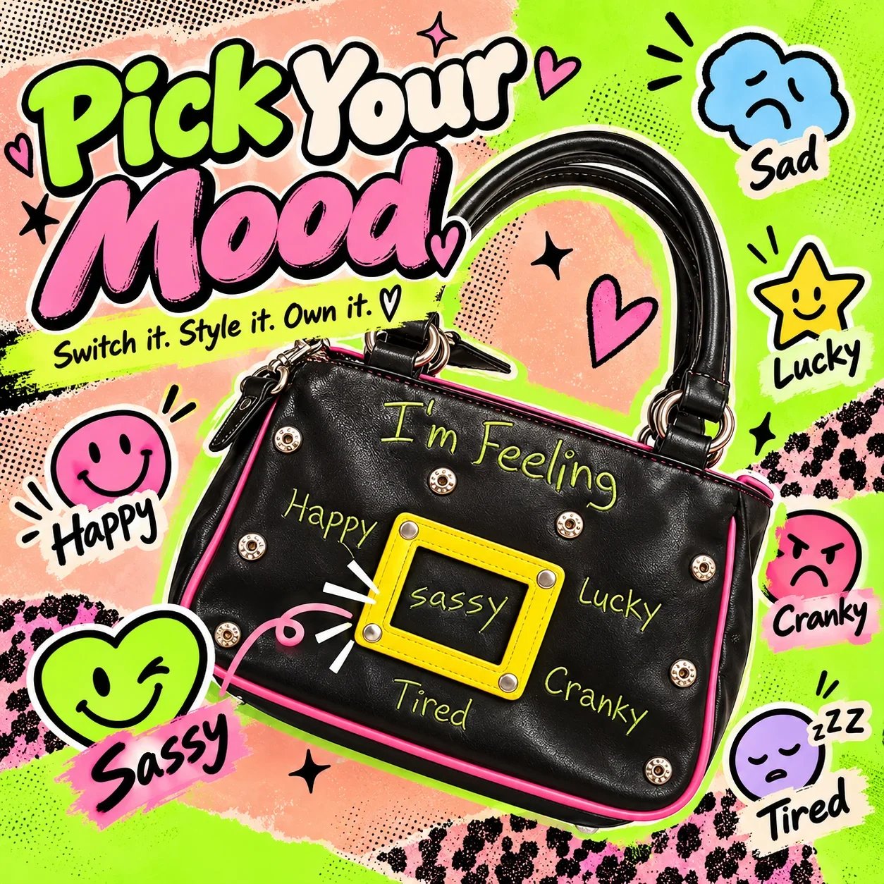 Mood phrase details on a black retro shoulder bag