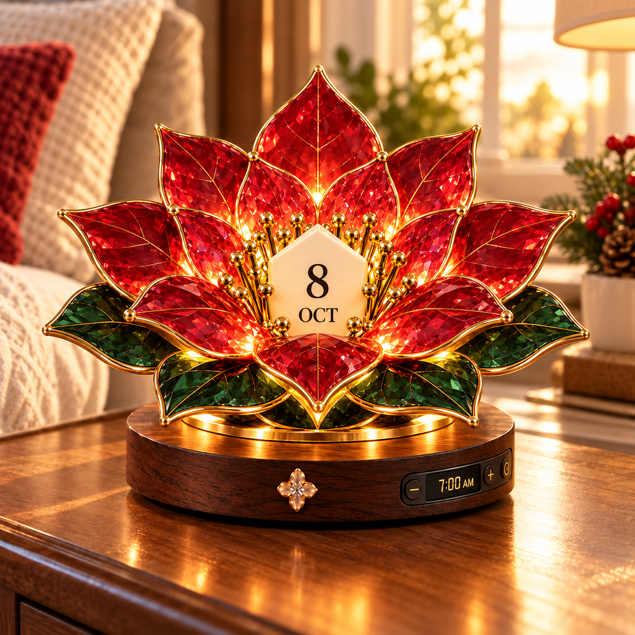 Christmas Bloom red poinsettia illuminated perpetual calendar