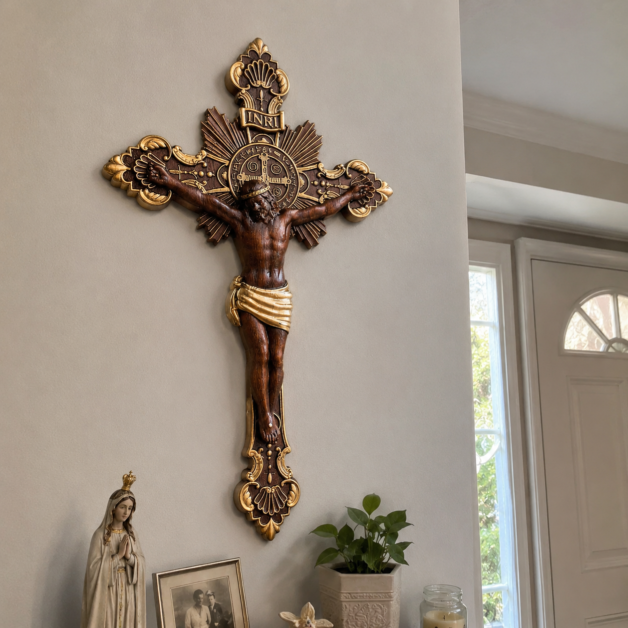 Hand-carved St. Benedict crucifix in European beechwood