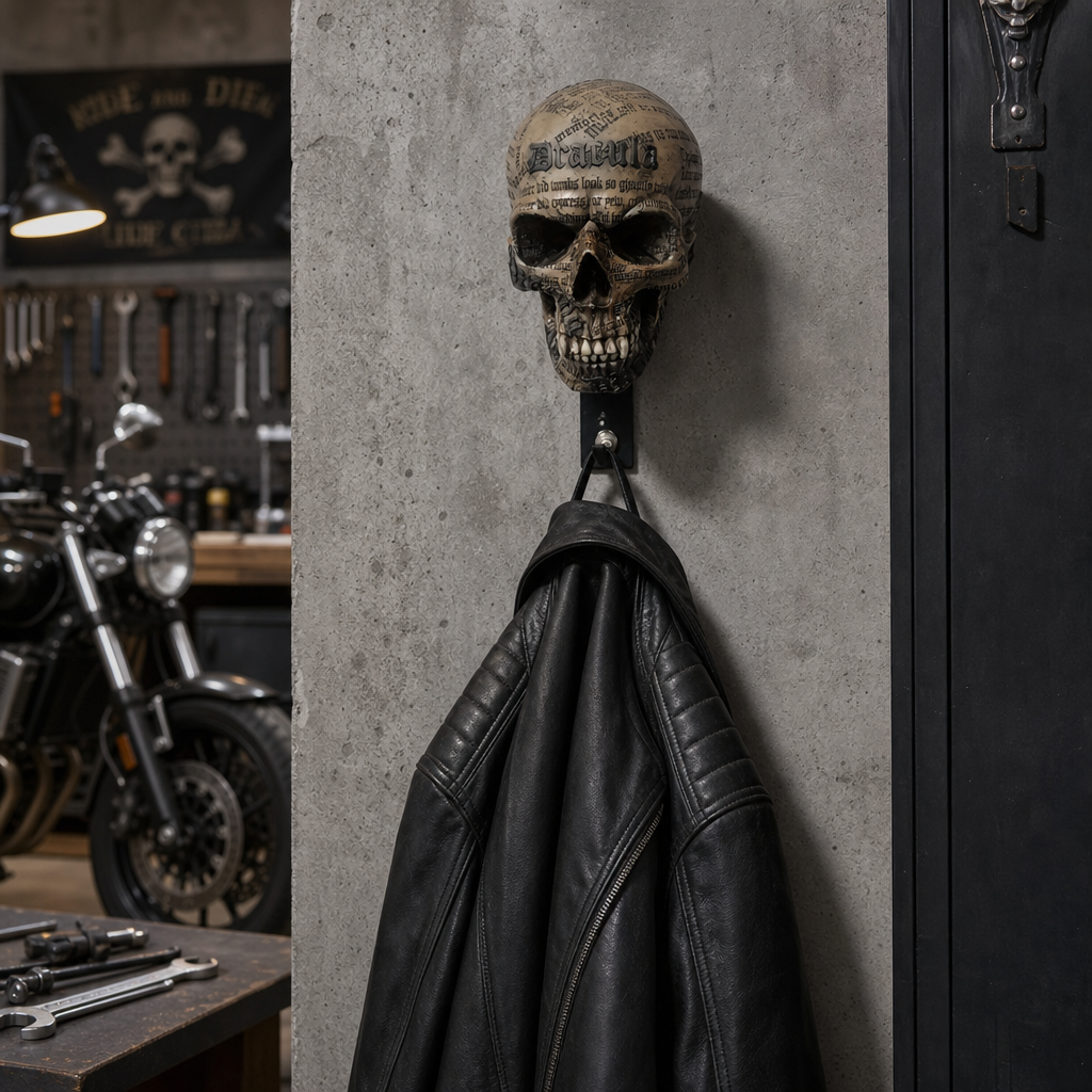 Skull Motorcycle Helmet Holder – Punk Skull Wall Mount Rack for Helmets, Jackets & Garage Decor