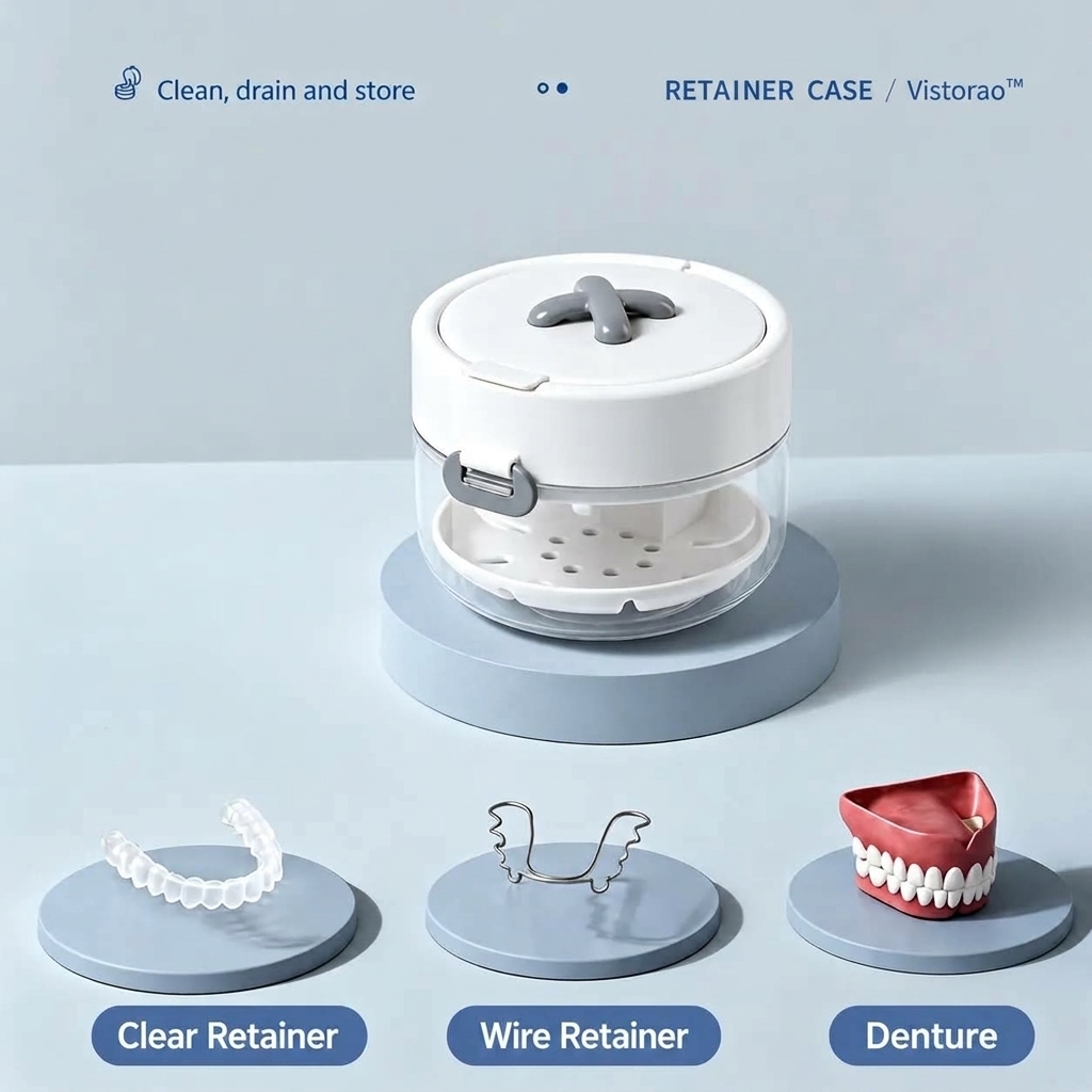 4-in-1 Retainer Cleaning & Travel Case – Soaking Container with Drain Tray, Mirror & Brush for Aligners, Dentures & Mouthguards 🦷