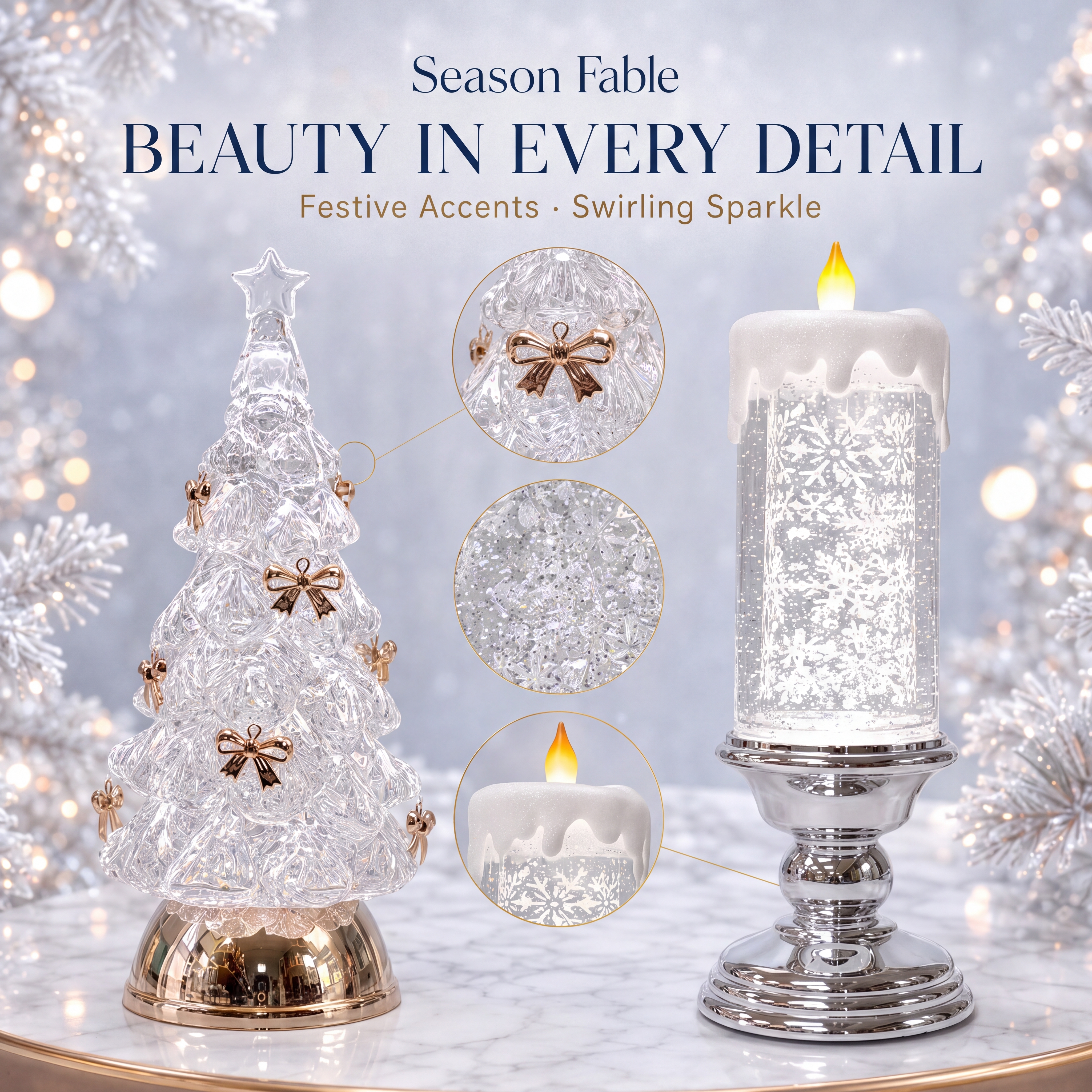 Close-up of sparkling tree decorations, gold bows and snowflake candle