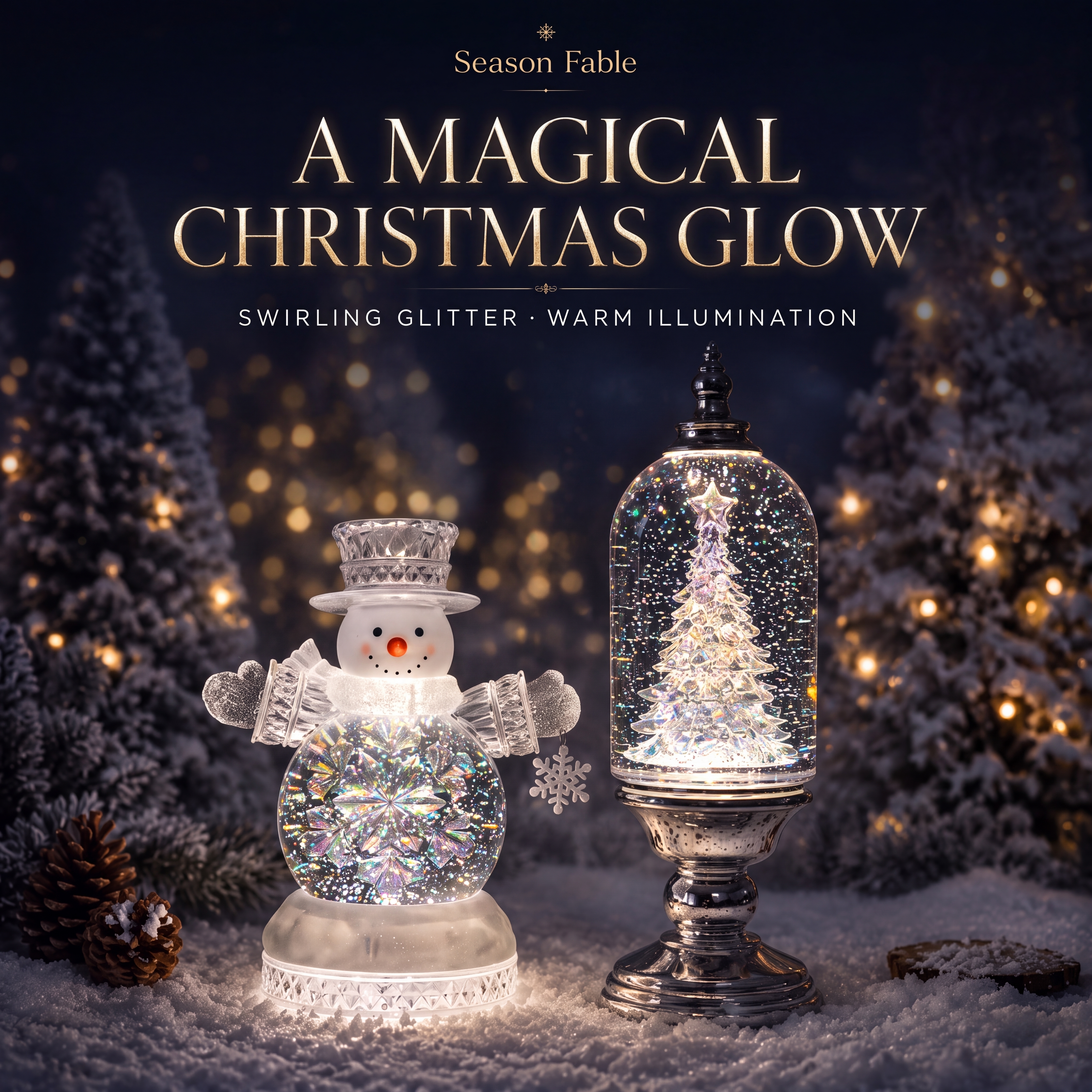 Glittering Christmas snowman and illuminated candle lantern