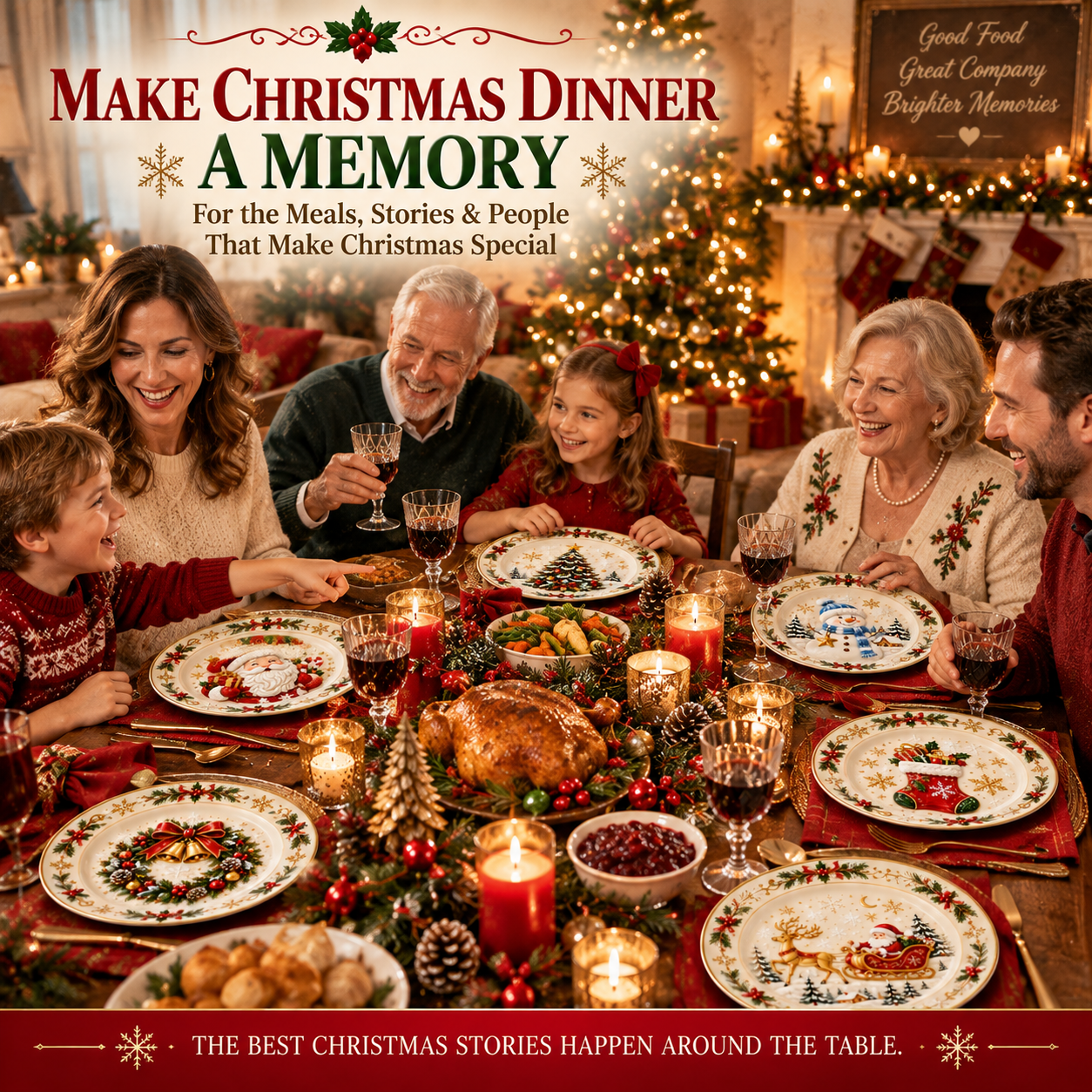 Family enjoying Christmas dinner with festive plates