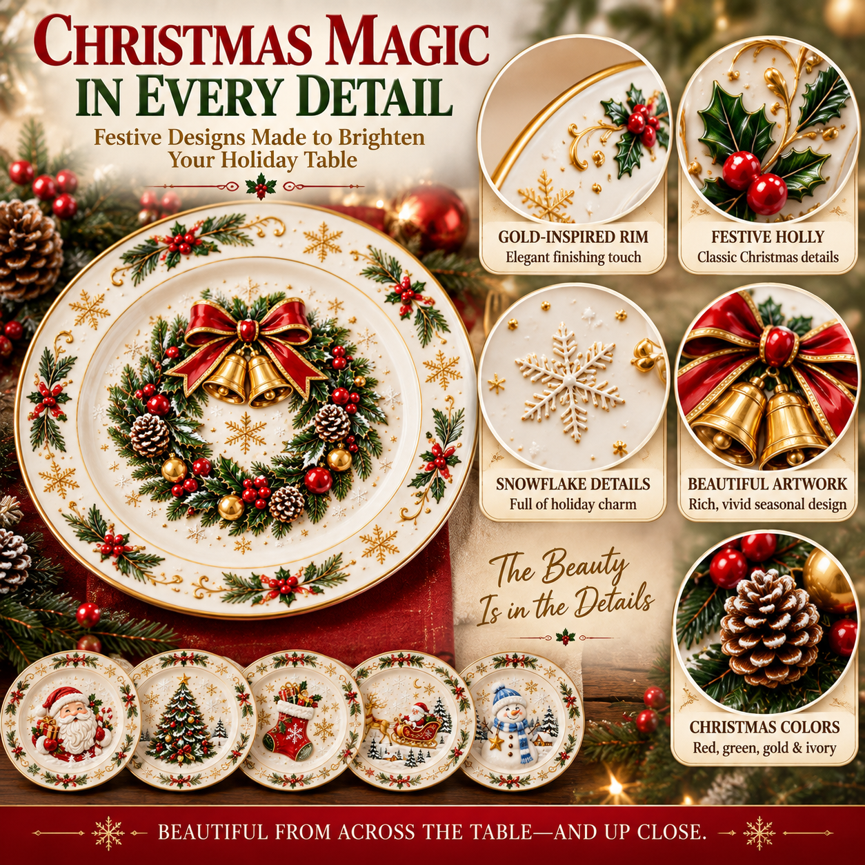 Close-up details of Christmas ceramic plate collection