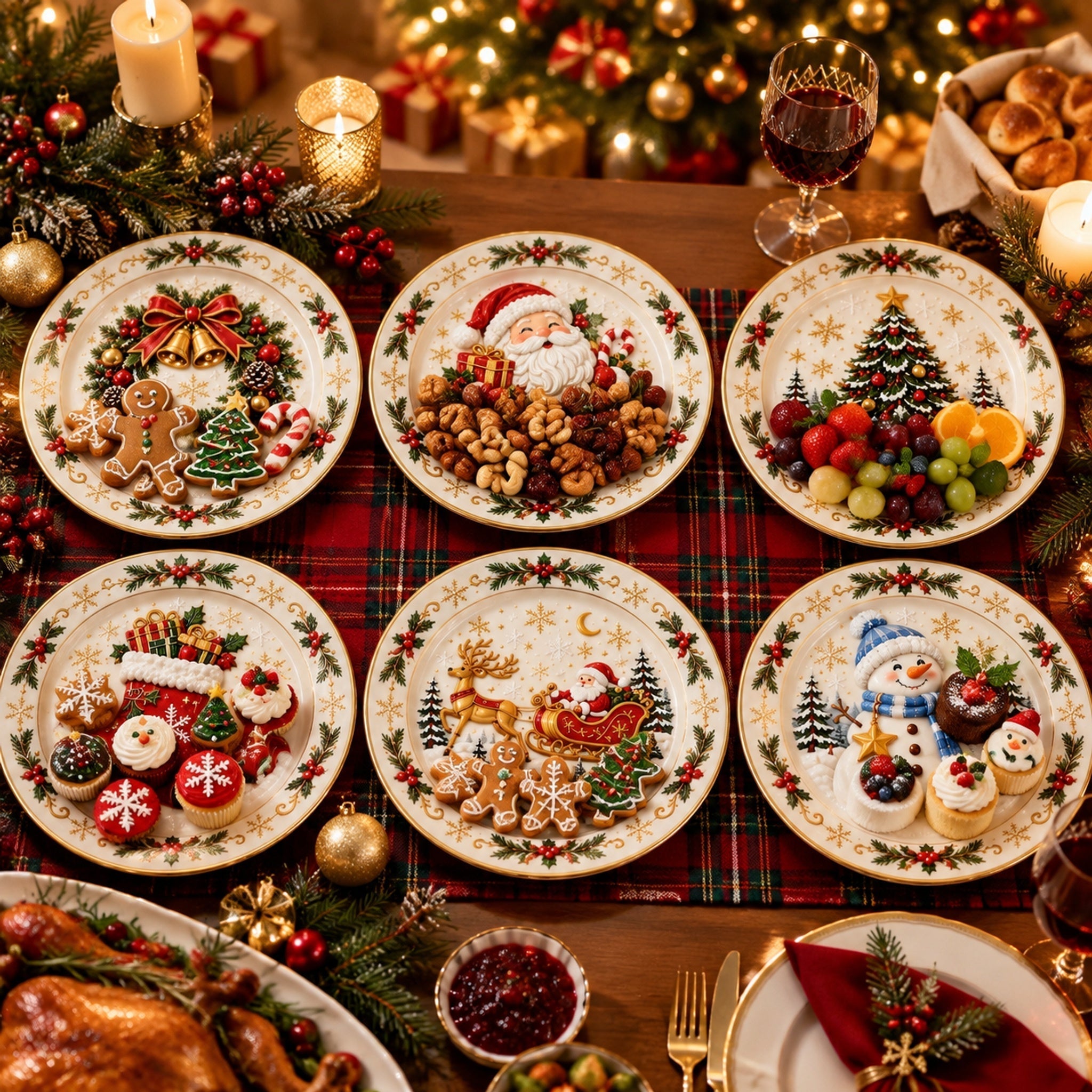 Christmas plates with desserts and holiday treats