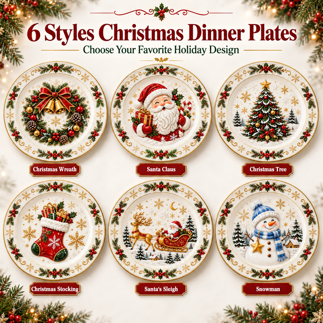 Six styles of Christmas dinner plates
