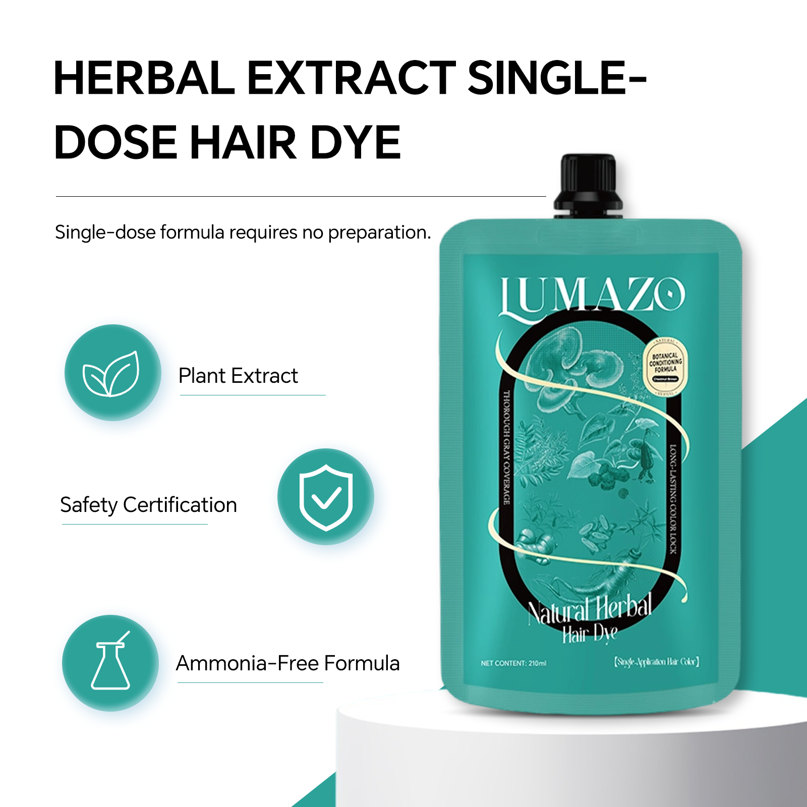 LUMAZO Natural Herbal Hair Dye, Ammonia-Free Botanical Hair Color for Gray Coverage, 210ml