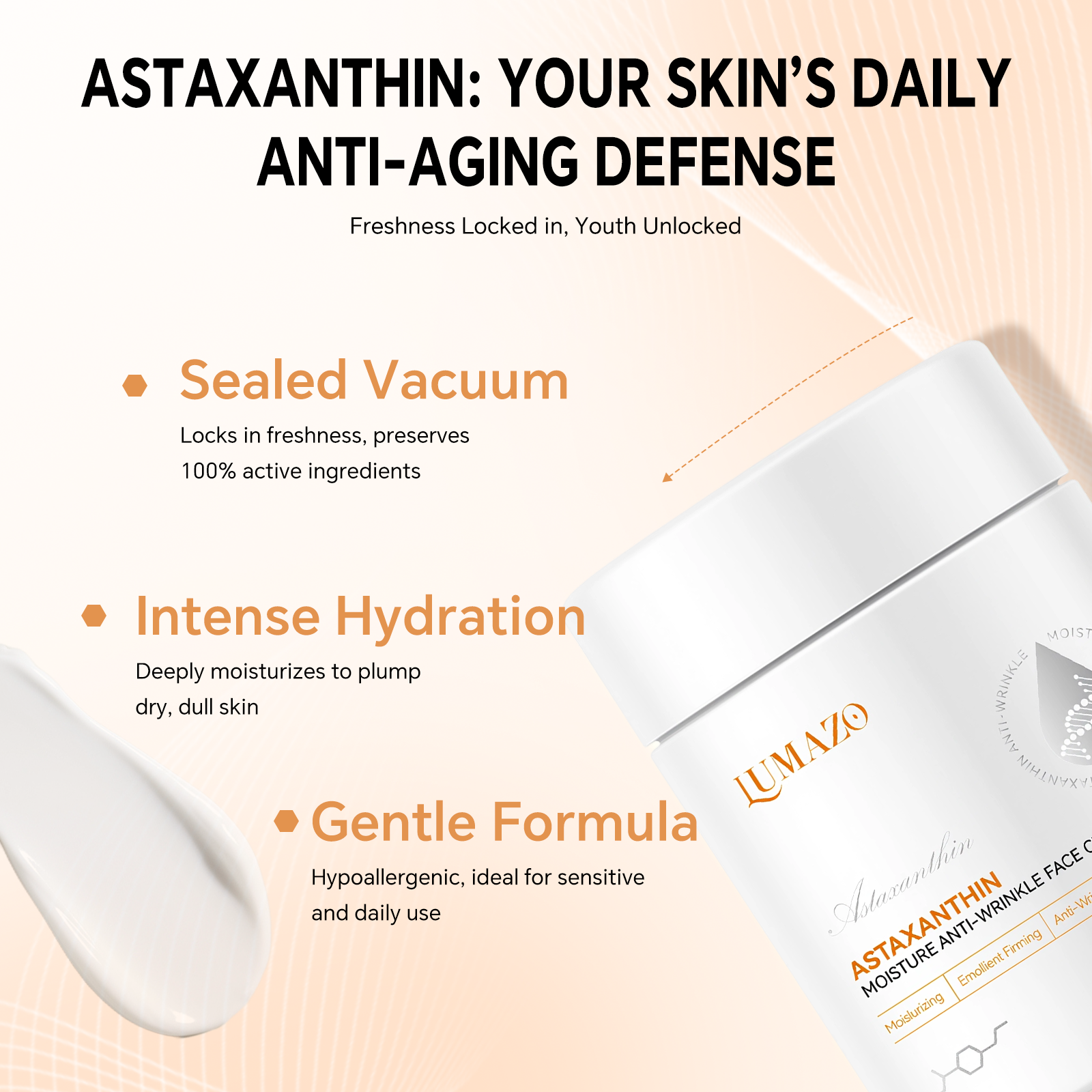 LUMAZO Astaxanthin Anti-Aging Cream, Vitamin C Antioxidant Face Moisturizer for Wrinkles & Dry Skin, 100g